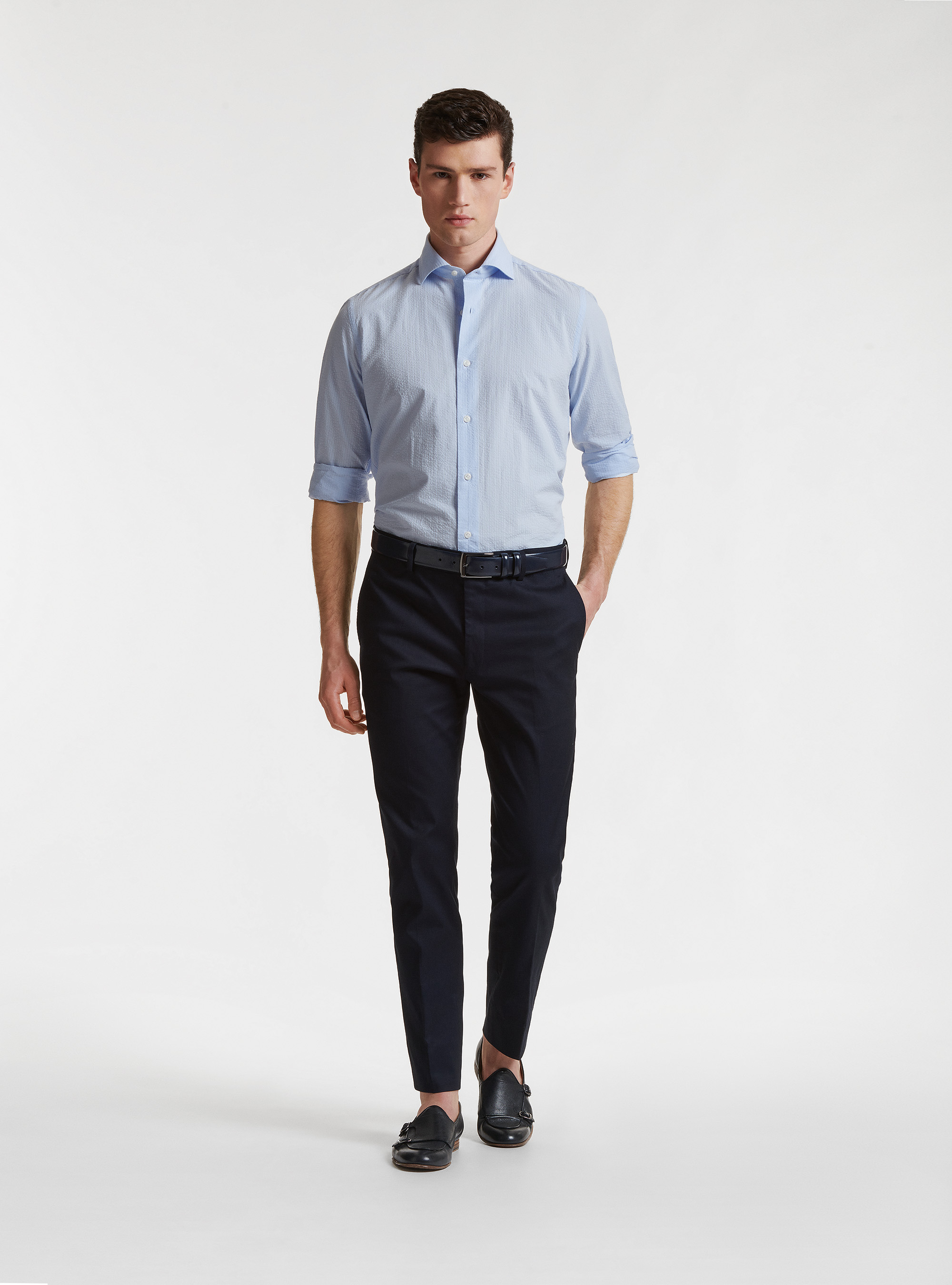 Hemd mit halbfranz&ouml;sischem Kragen aus Seersucker-Baumwolle, AZZURRO 0276C