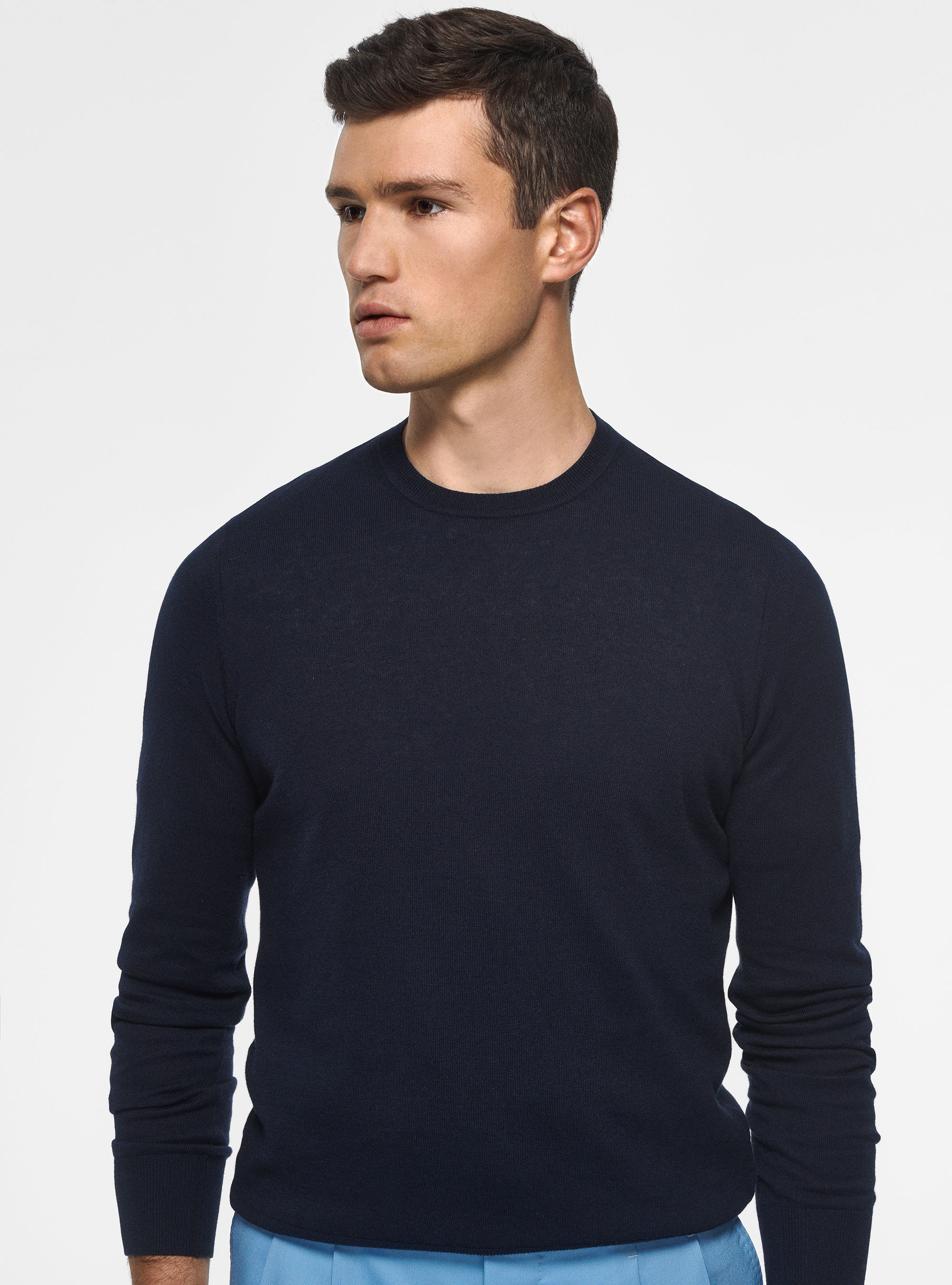 Maglia girocollo in cotone seta e cashmere, BLU NAVY