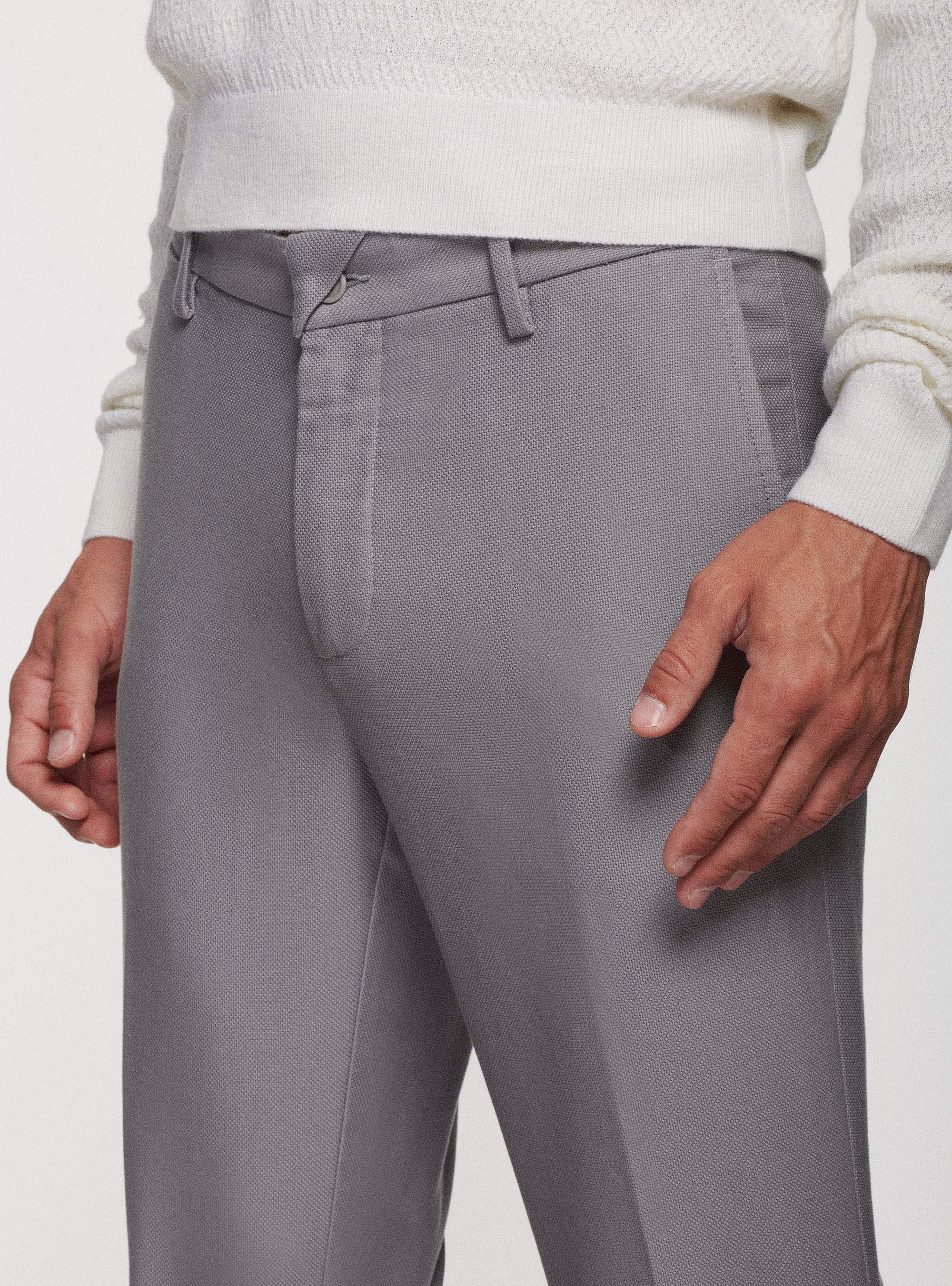 Pantalon chino slim fit en coton armé, GRIS CLAIR MÃ LANGÃ