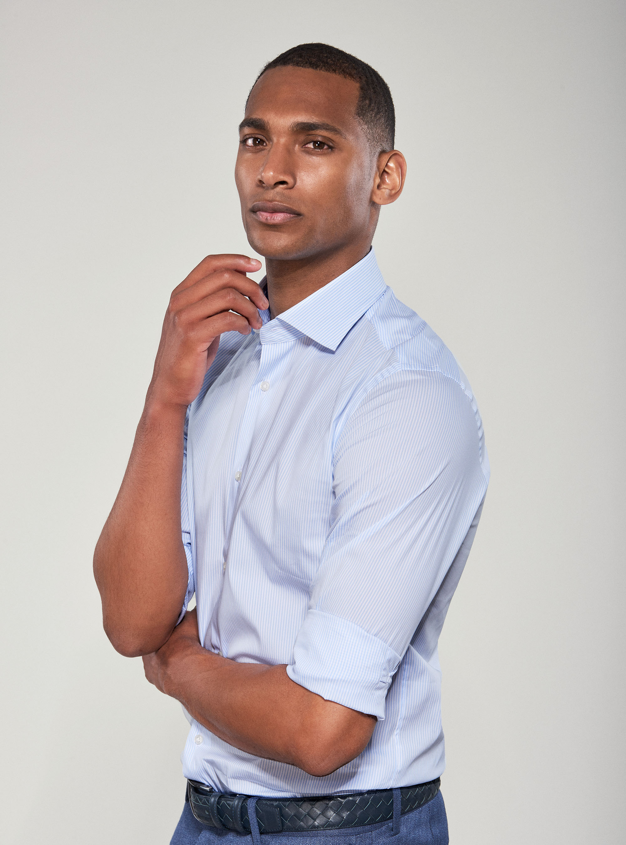 Camicia super slim in cotone stretch rigato, AZZURRO