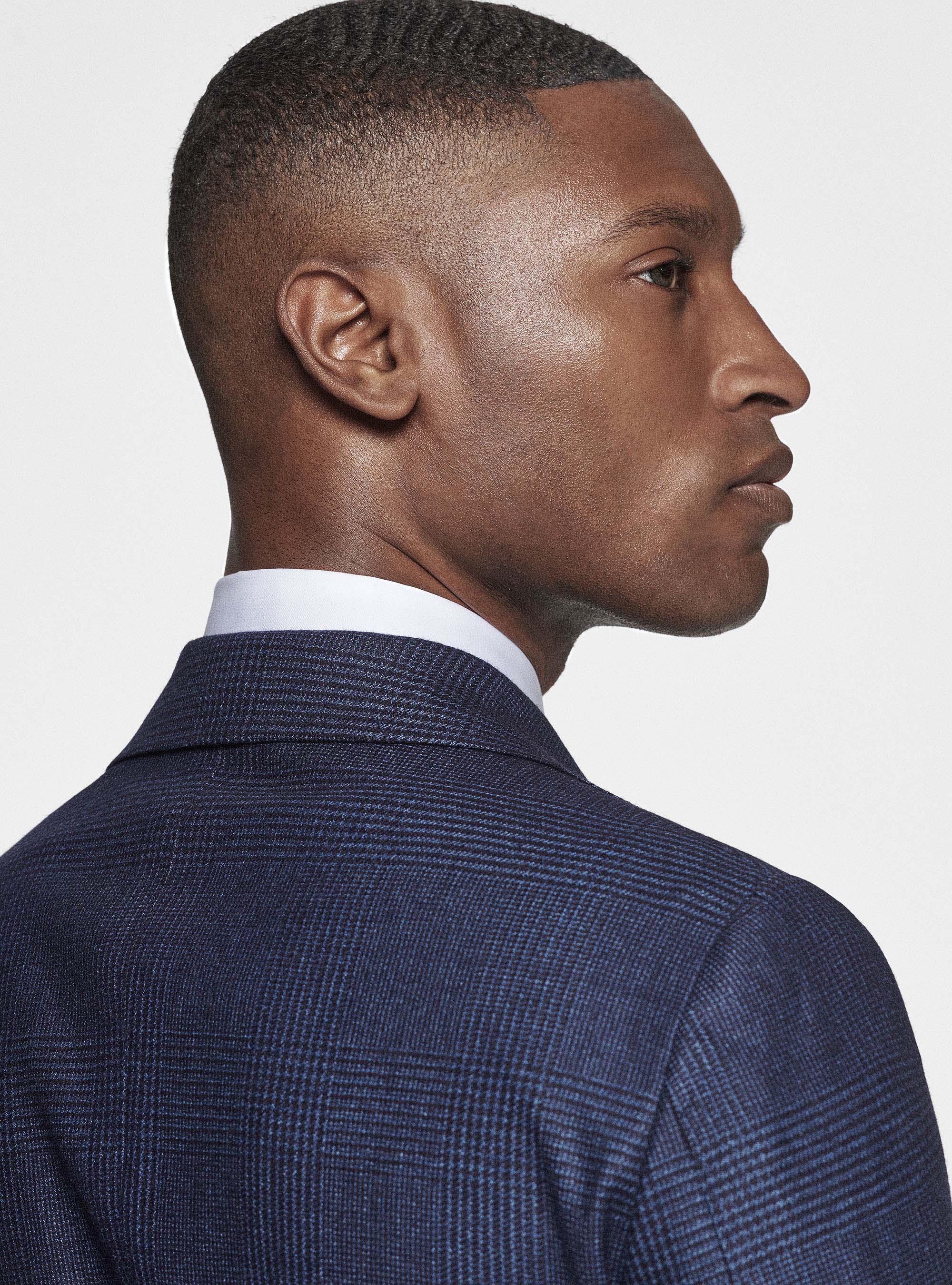 Double-breasted blazer in pure wool patterned, NAVY BLUE