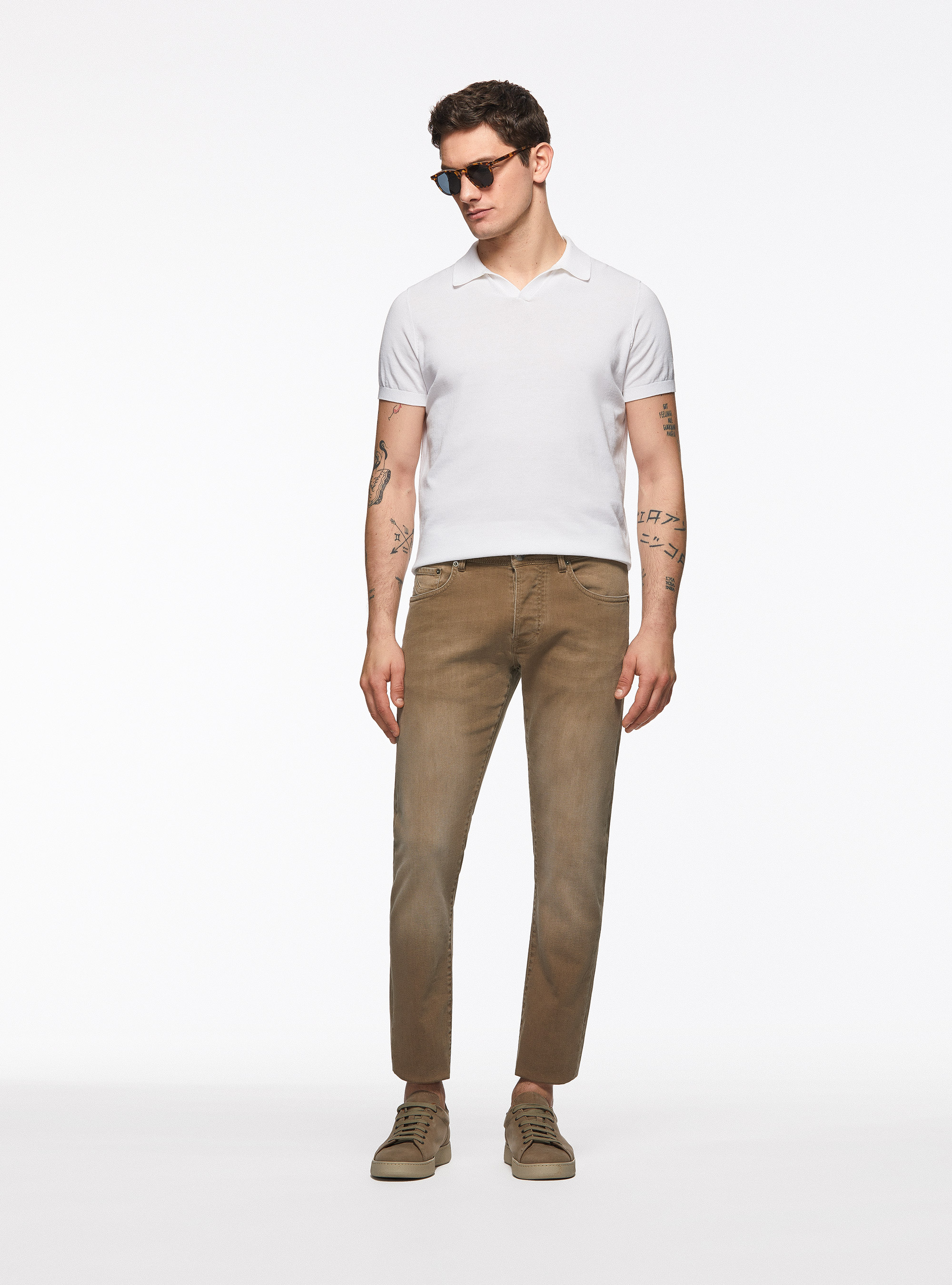 Coloured stretch cotton trousers, SAND