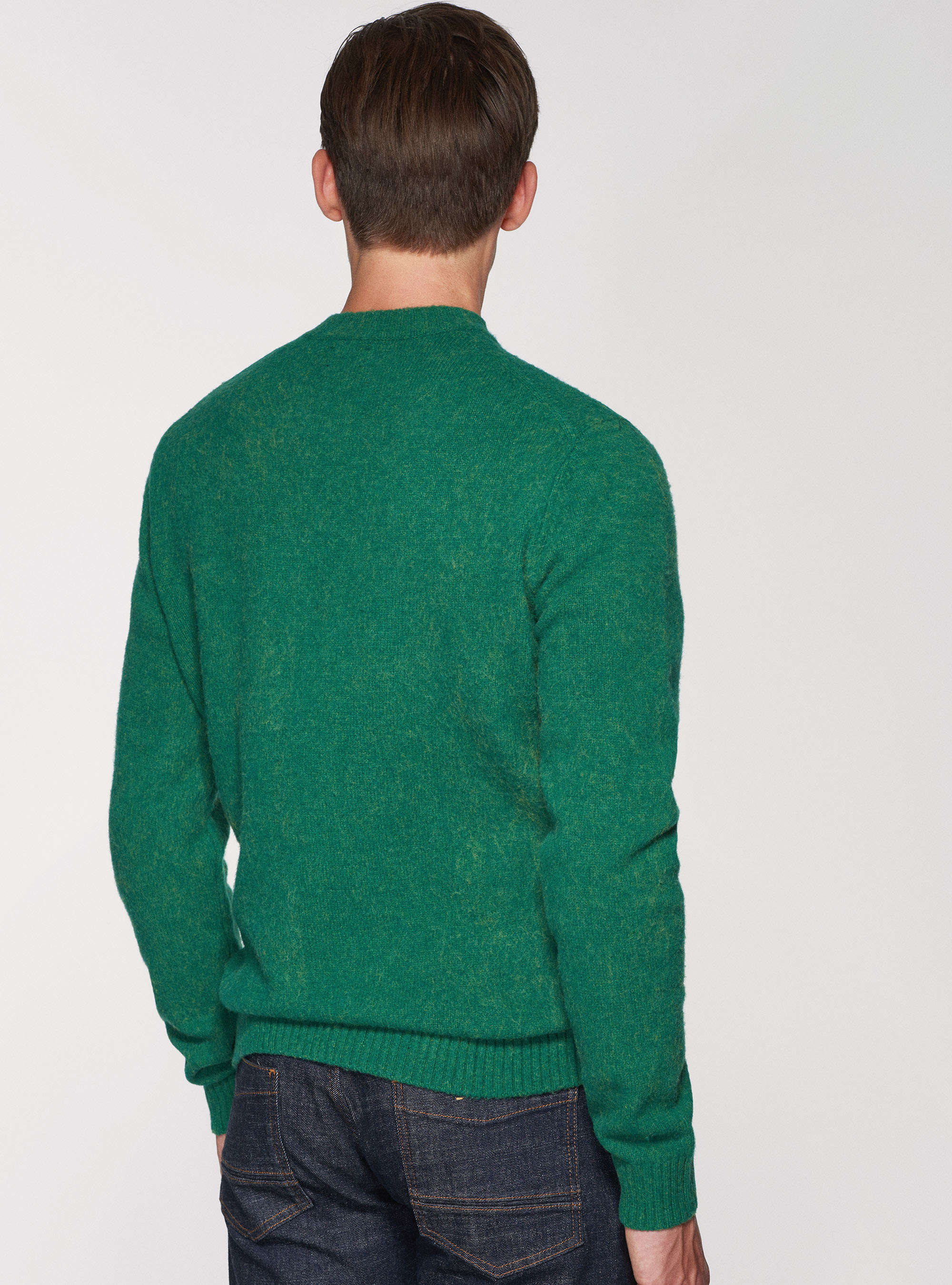 Jersey de cuello redondo en mezcla de lana cepillada, VERDE OLIVA
