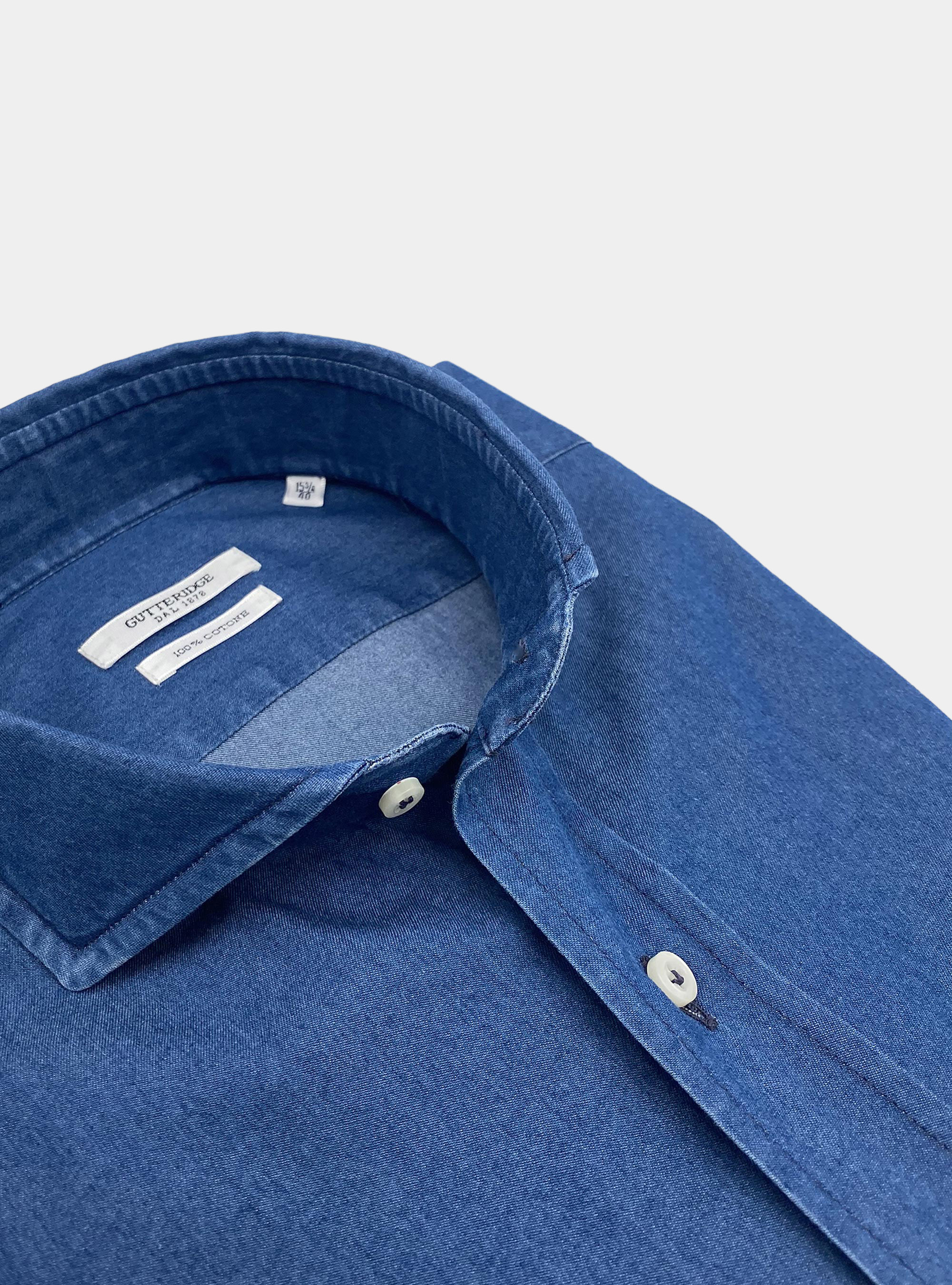 Camicia collo francese in denim indaco, BLU NAVY