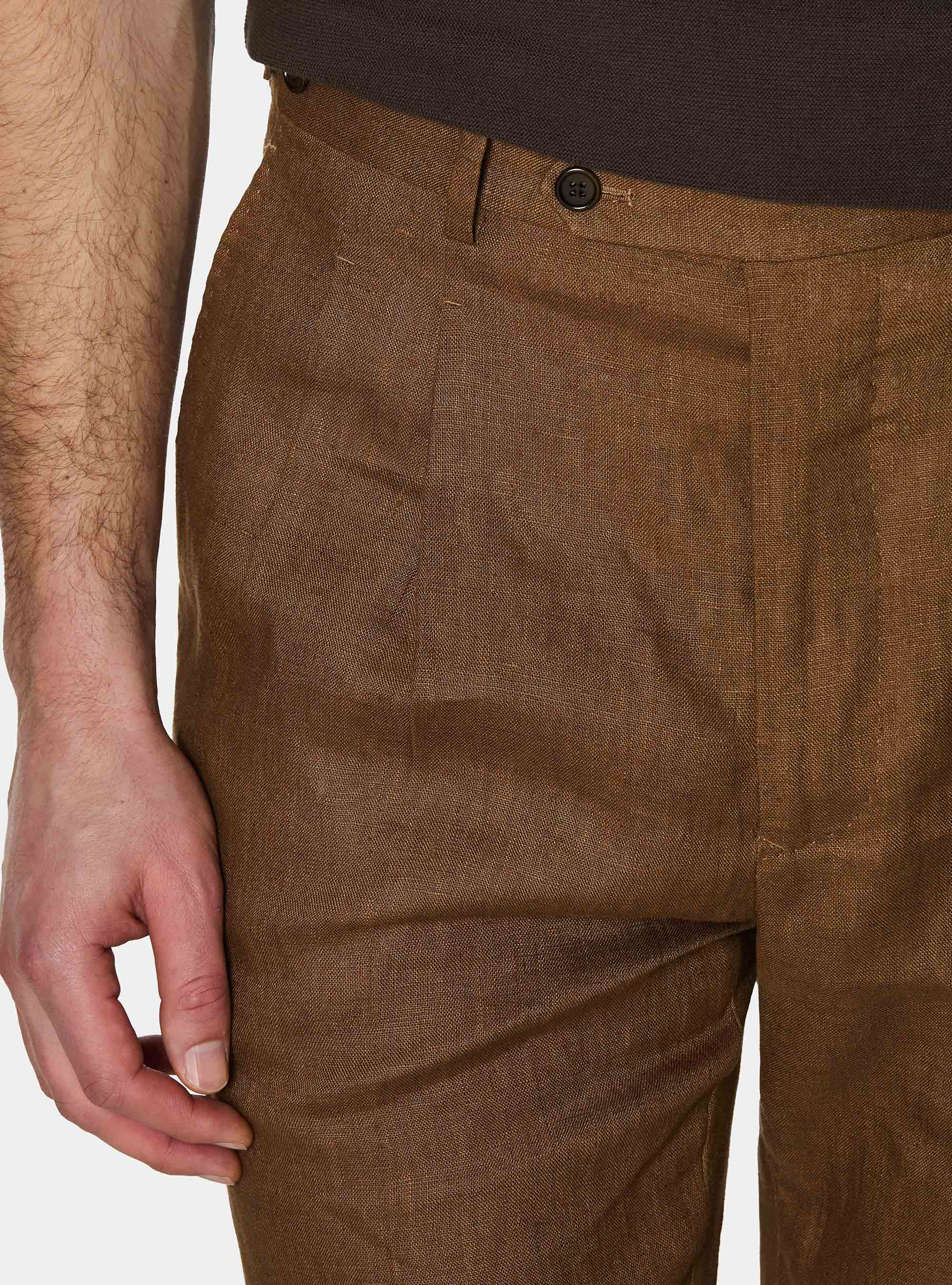 Pantaloni con pince in puro lino, TABACCO