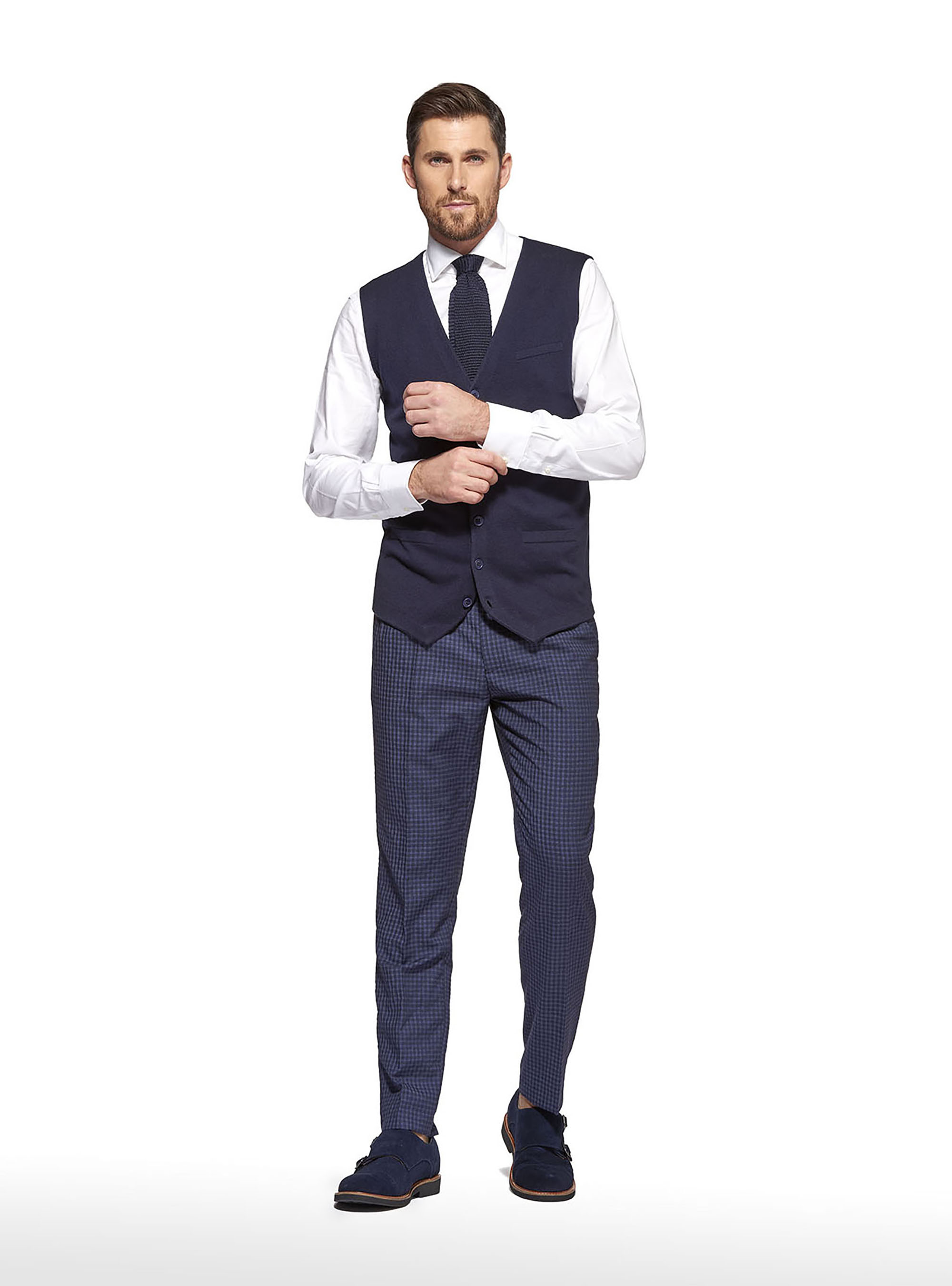 Pantaloni check in lana sfumata, BLU NAVY