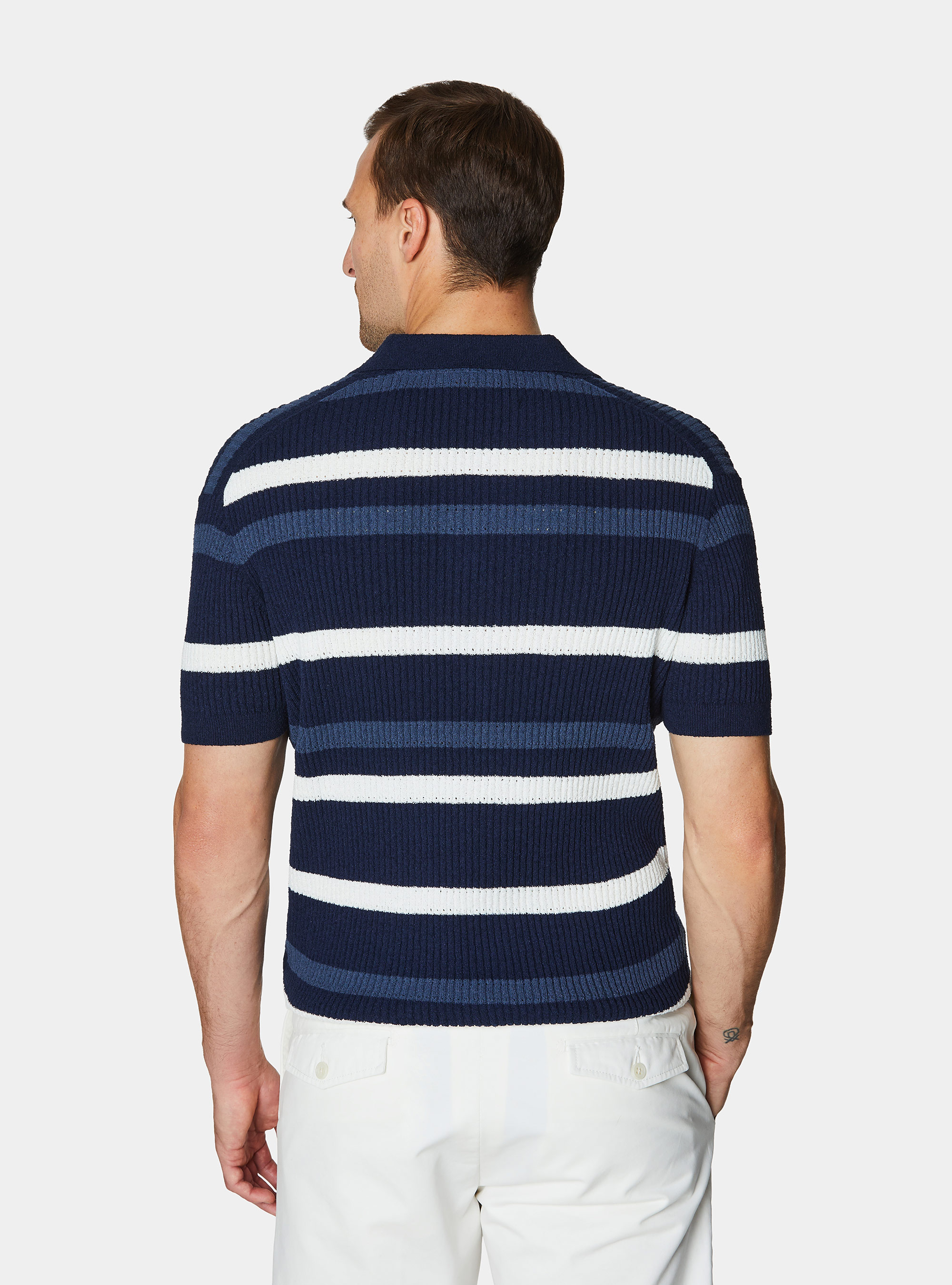 Polo rigata in maglia boucl&egrave;, BLU NAVY