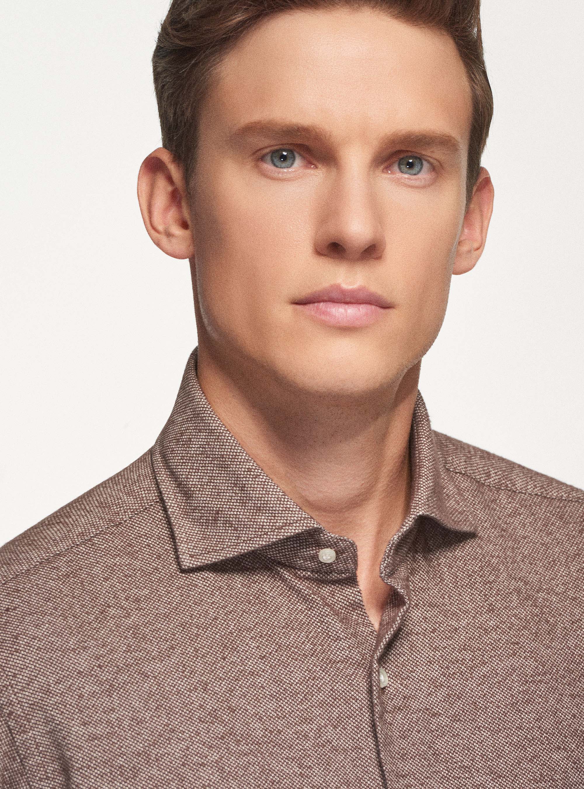 Camicia collo semi francese in flanella di cotone, MARRONE