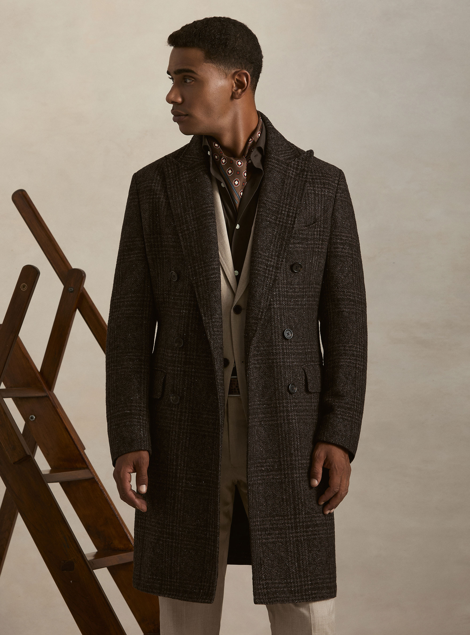 Cappotto doppiopetto fantasia in misto cashmere, MARRONE