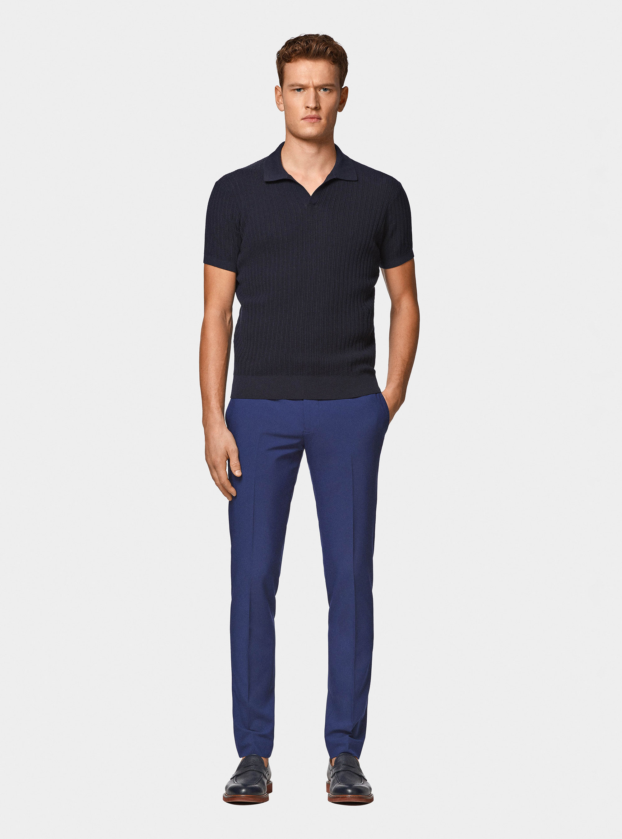 Perforated knit polo shirt without buttons in extra-fine cotton, NAVY BLUE