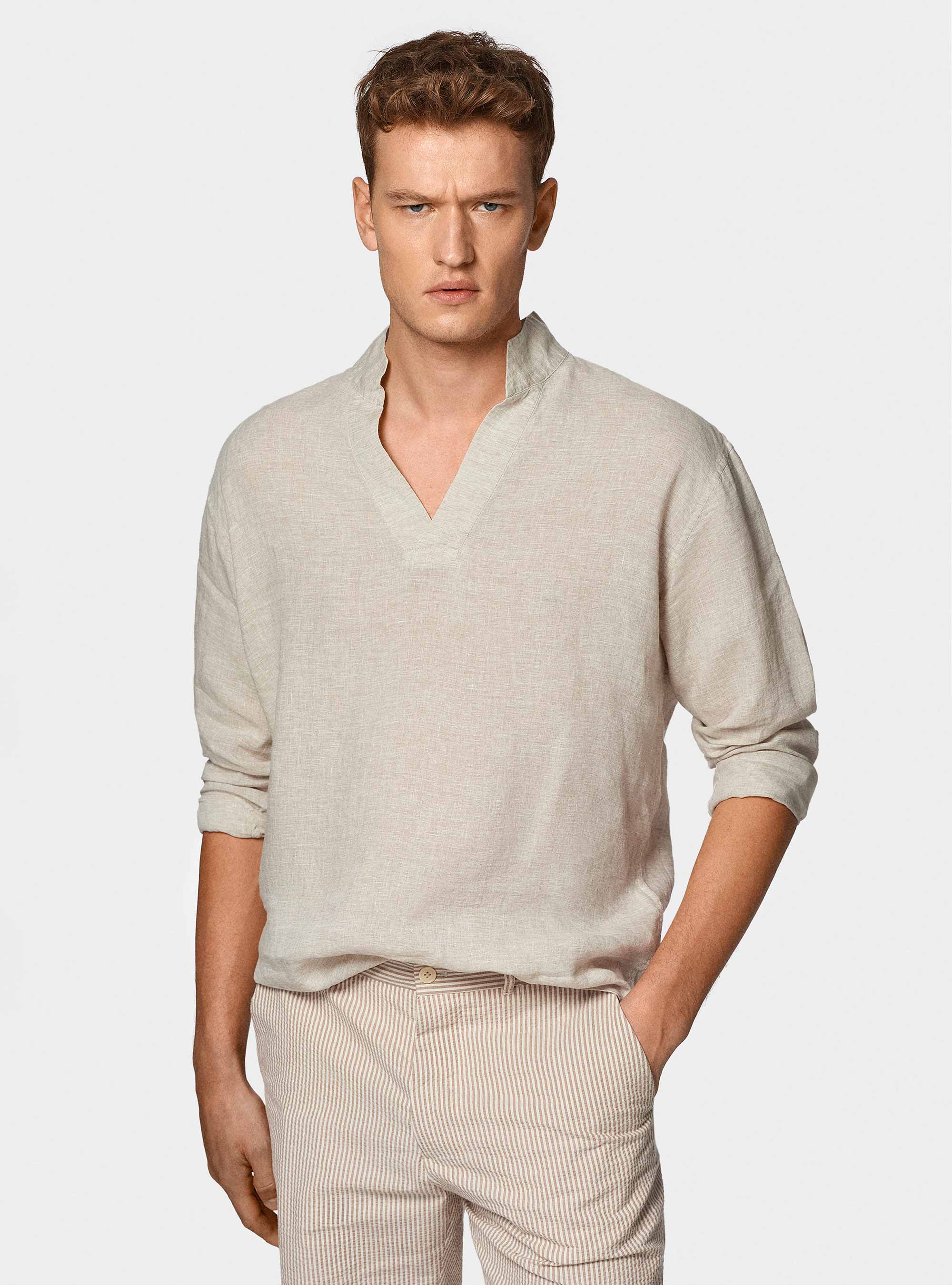 Chemise cor&eacute;enne en pur lin, ECRU MELANGE 0562C