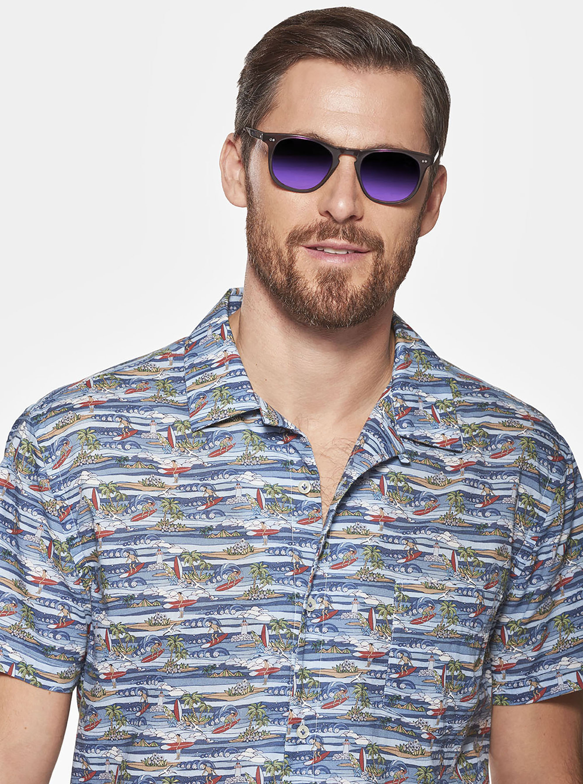 Camisa de cuello de bolos de algod&oacute;n estampado hawaiano, TROPICAL