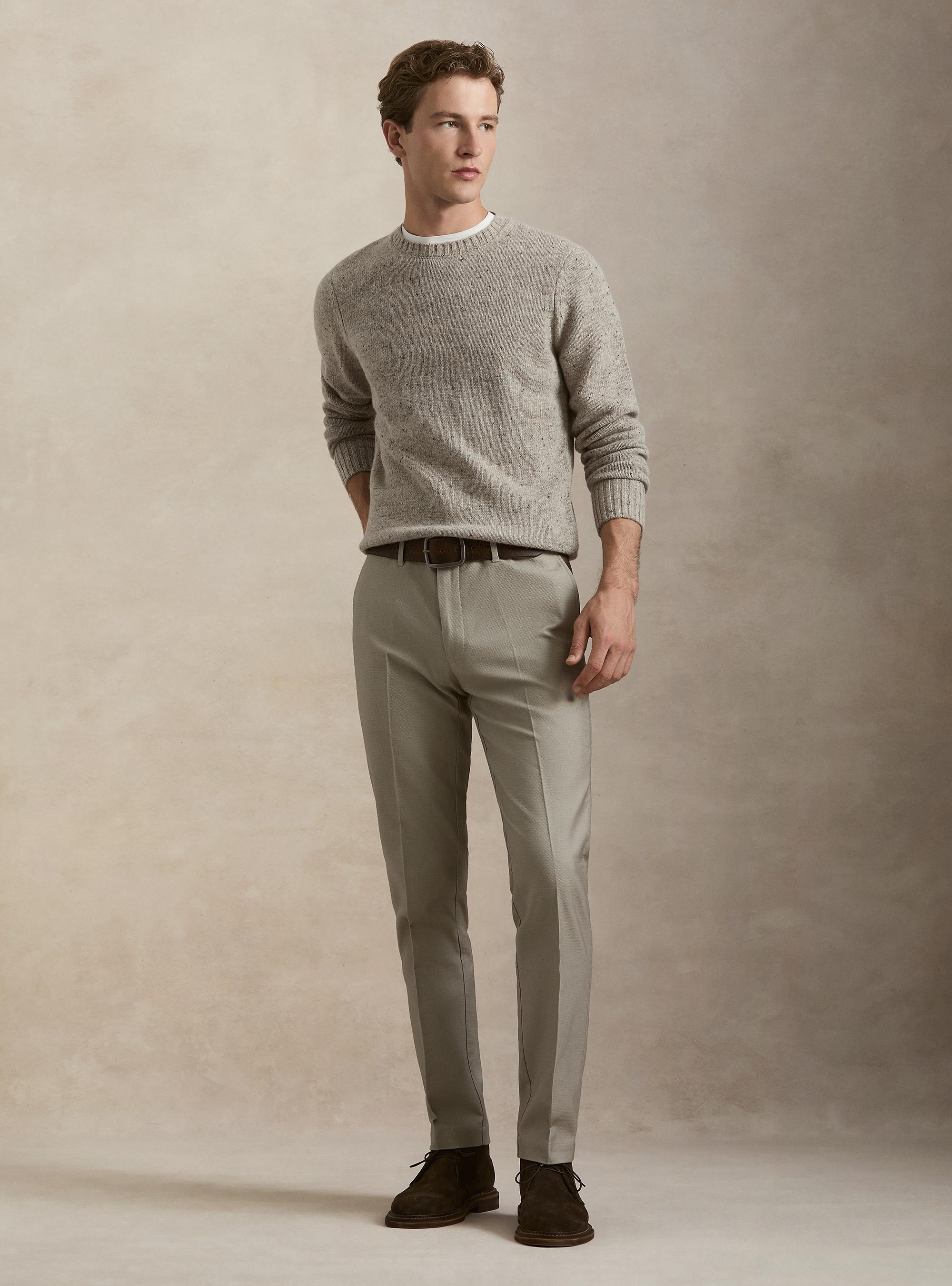 Donegal-style merino wool blend crewneck sweater, LIGHT GREY MELANGE