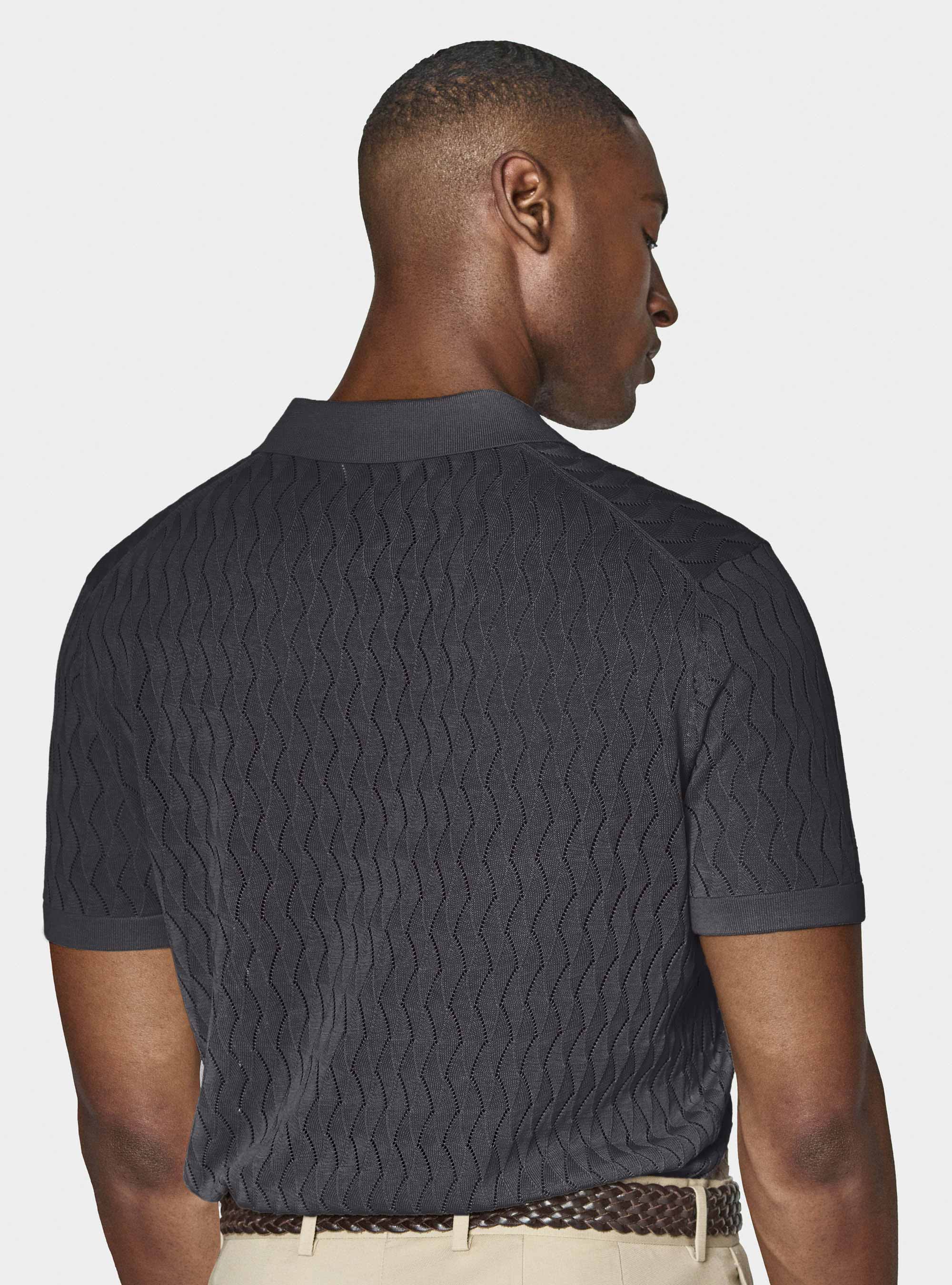 Polo in maglia traforata senza bottoni in cotone e seta, BLU NAVY