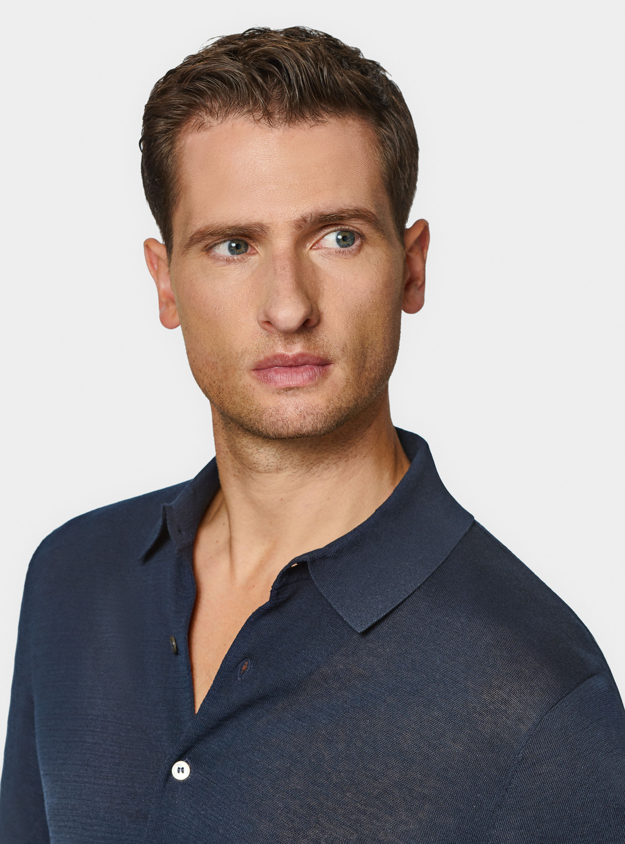 Polo en tricot de coton et de soie, BLEU MARINE