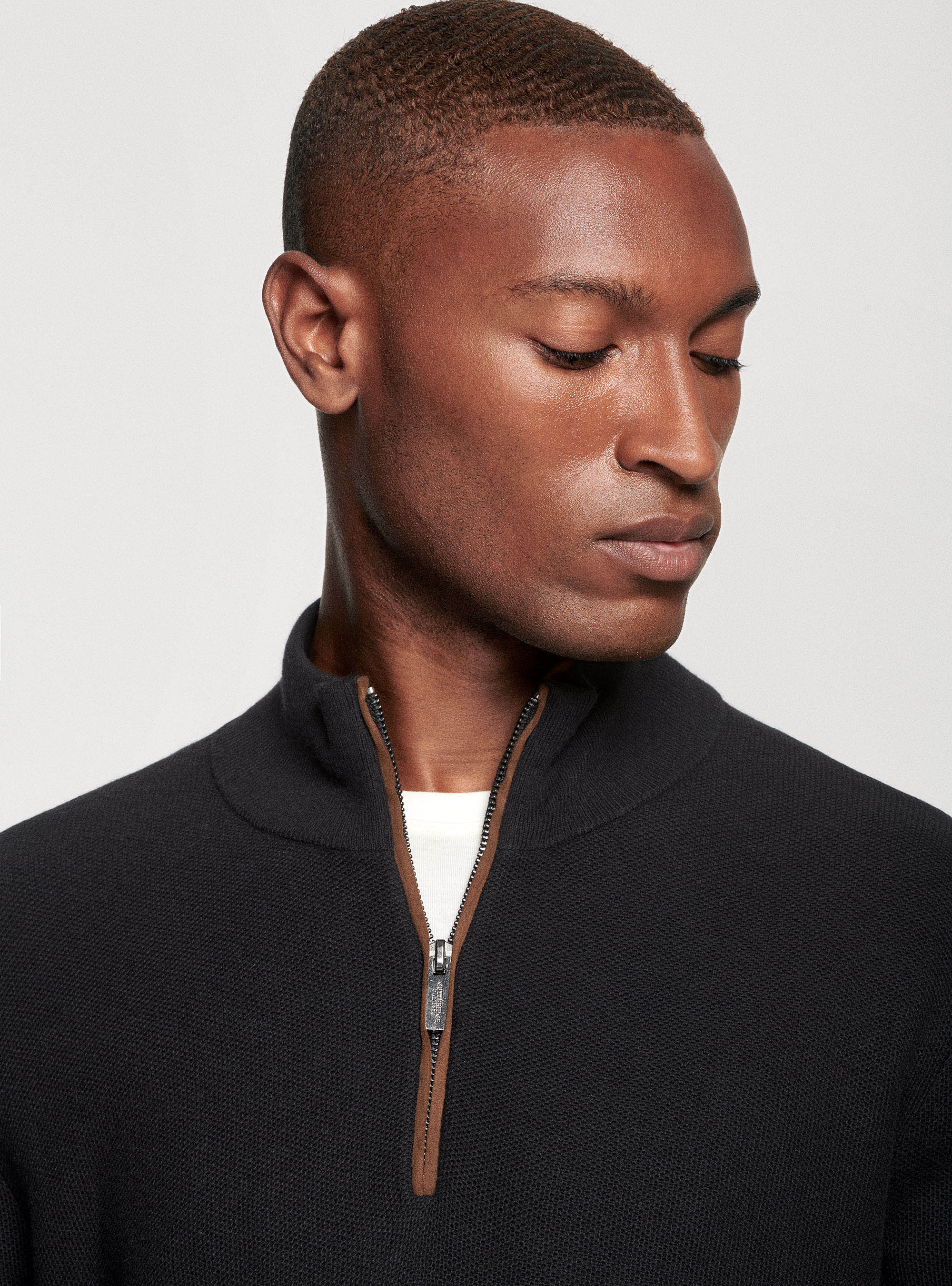 Maglia mezza zip in cotone cashmere, NERO