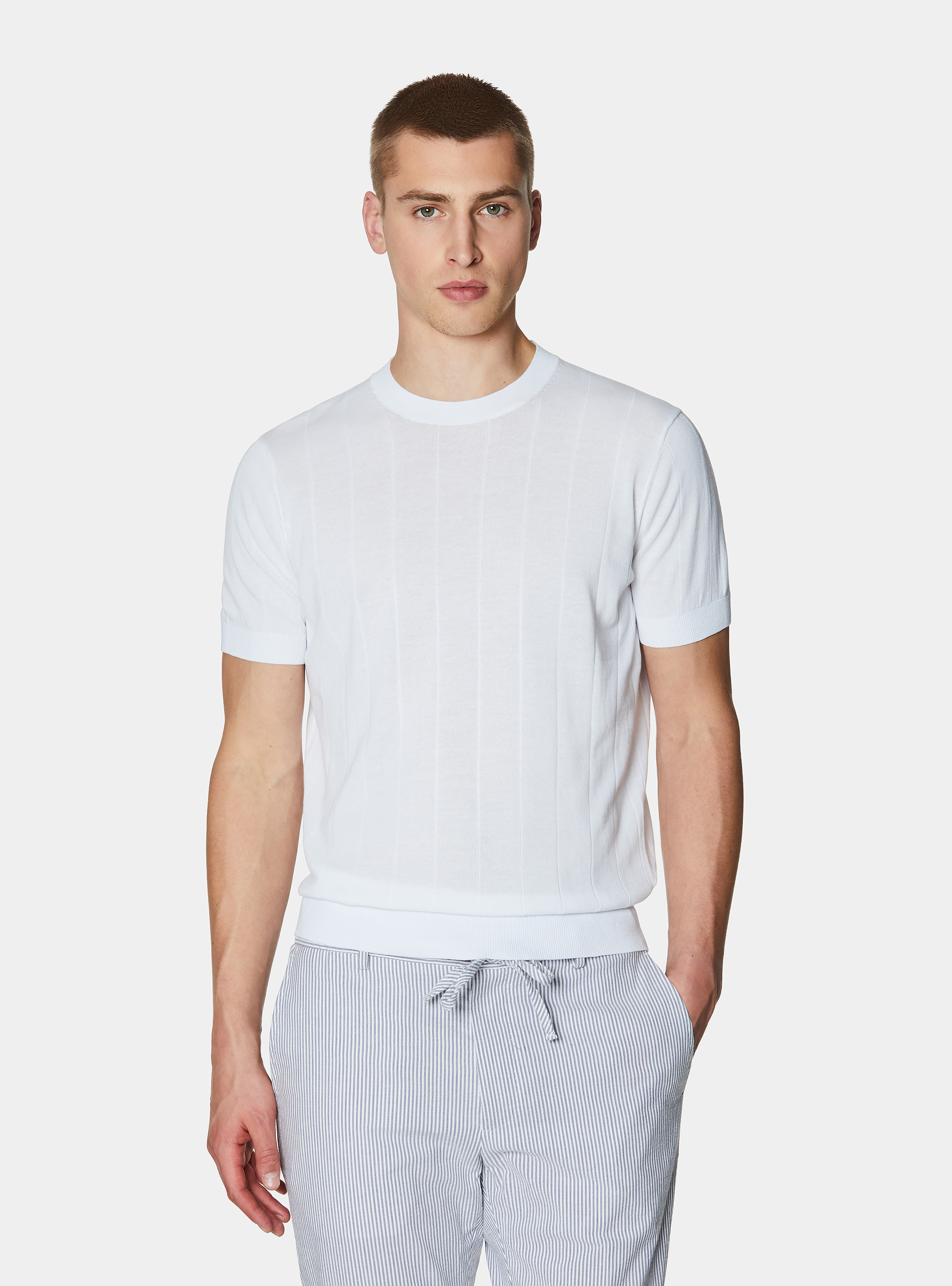 Maglia in puro cotone costa piatta, BIANCO