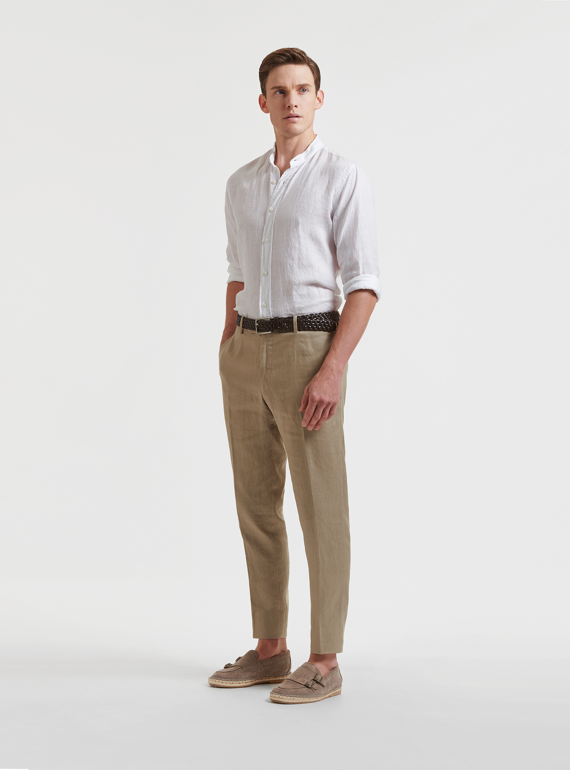 Camisa de cuello coreano 100% lino, BLANCO