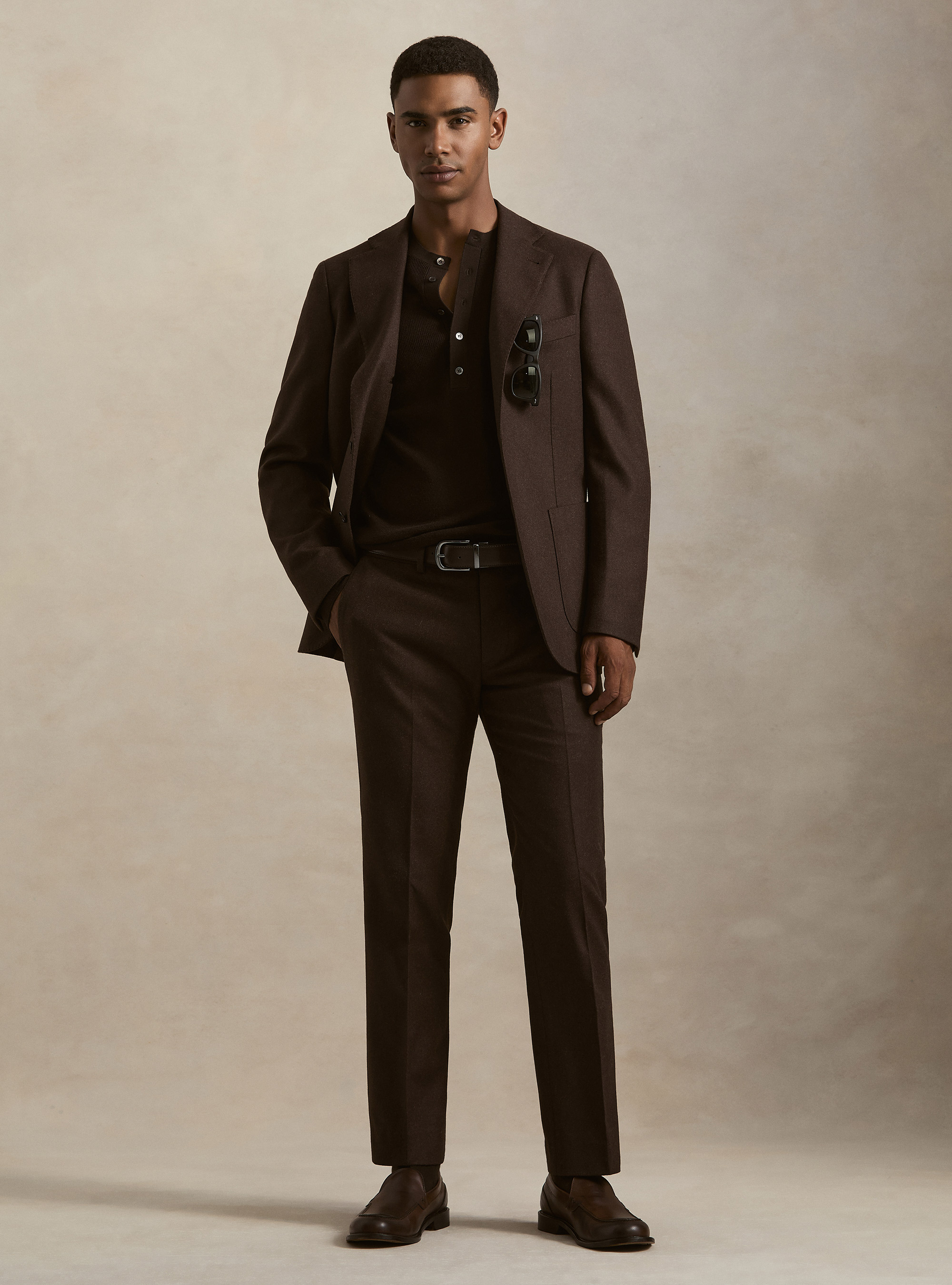 Wool blend flannel blazer, BROWN