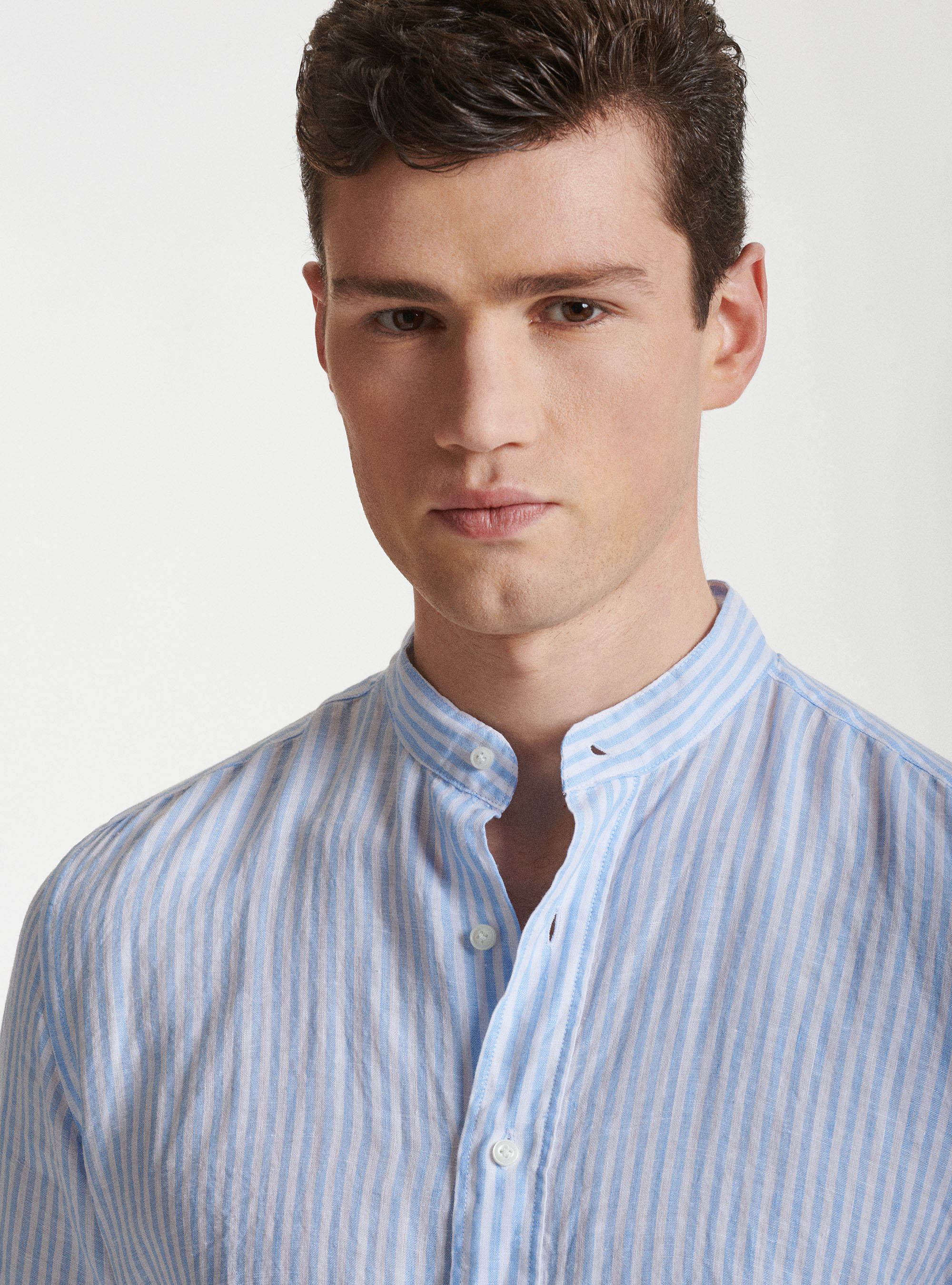 Camicia collo coreano in puro lino rigato, AZZURRO