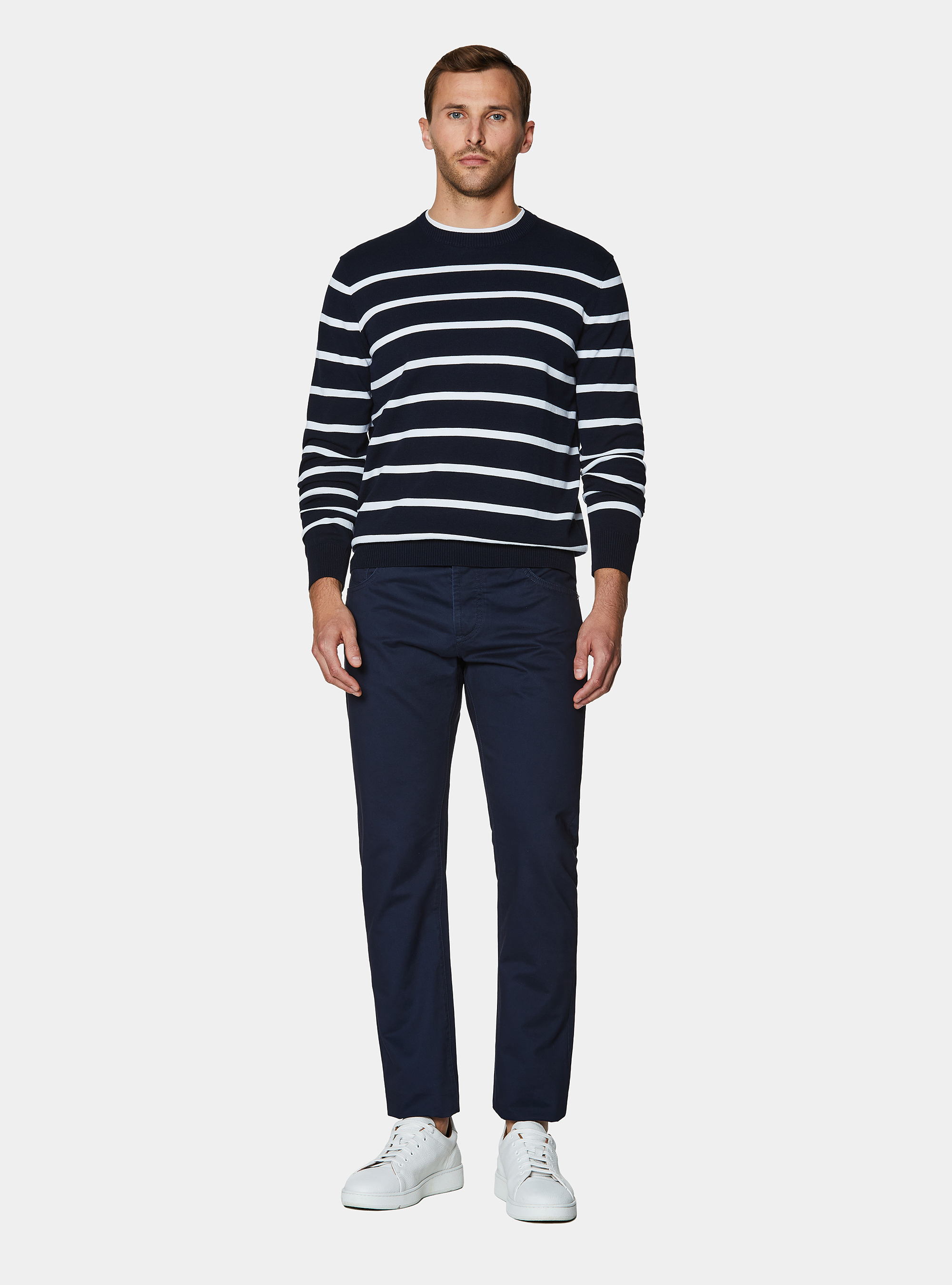 Crew-neck sweater in extra-fine striped cotton, NAVY BLUE