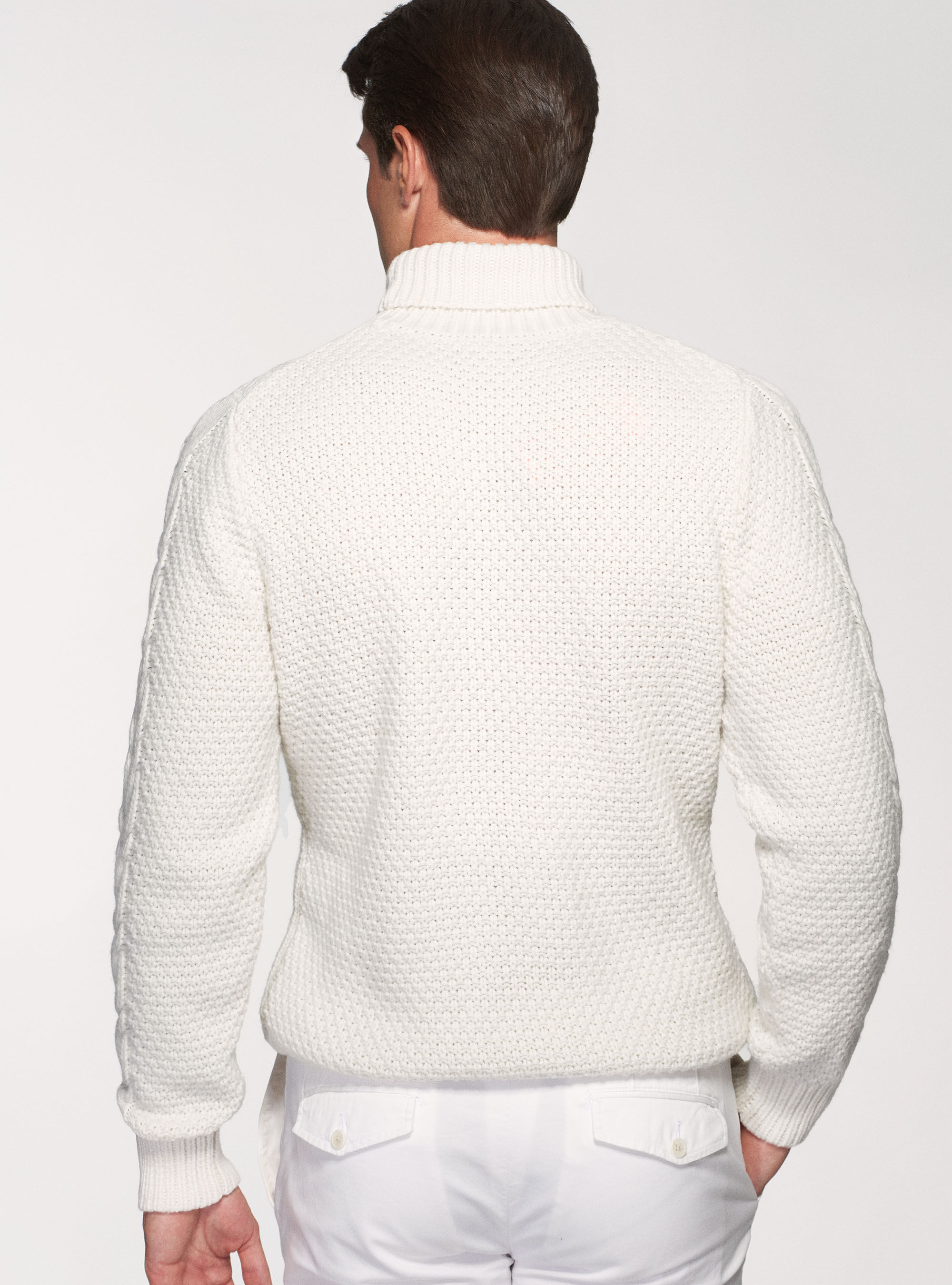 Maglia collo alto in misto lana a treccia, BIANCO