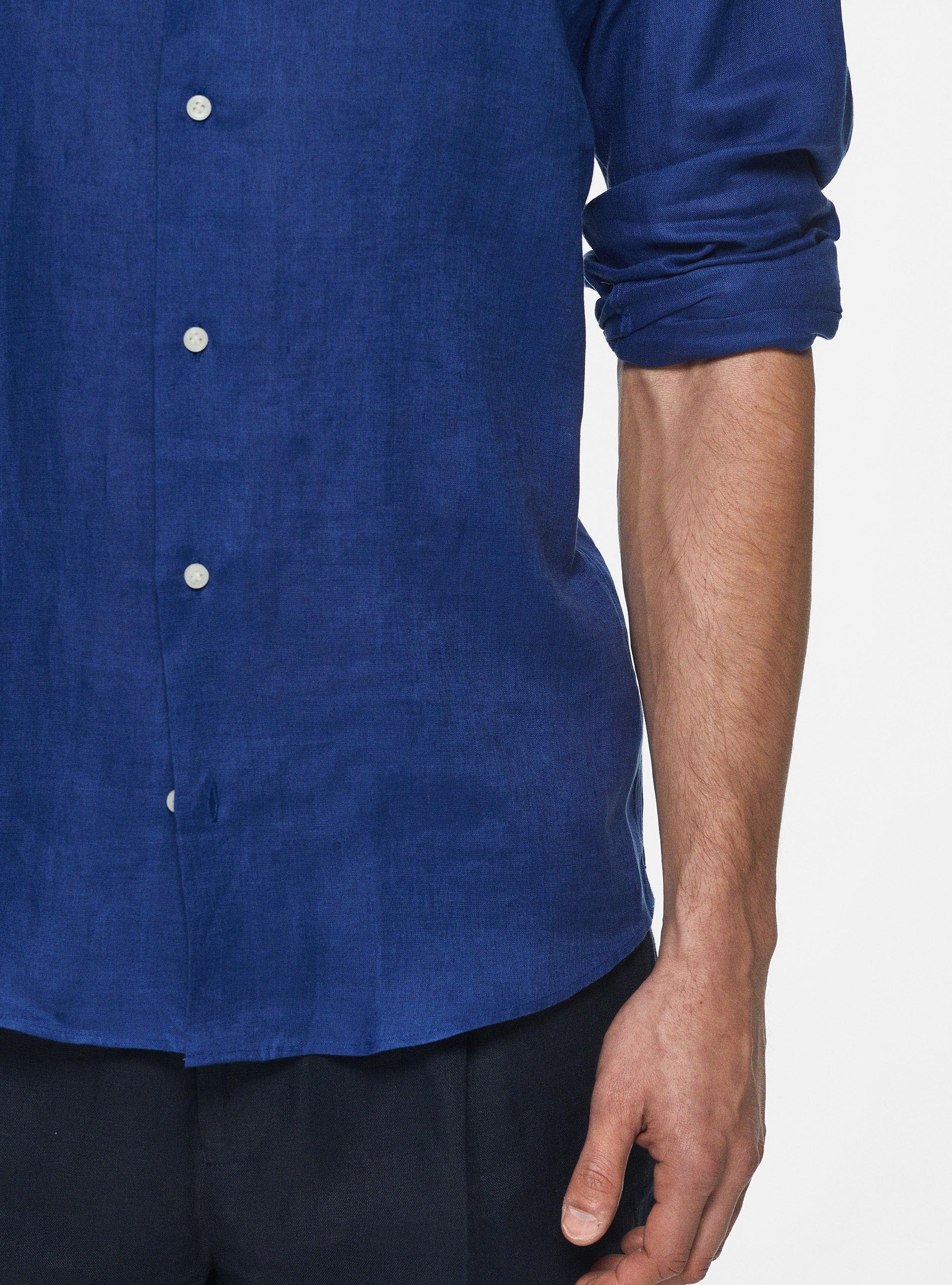 Camisa de cuello italiano en puro lino, AZUL MEDIO