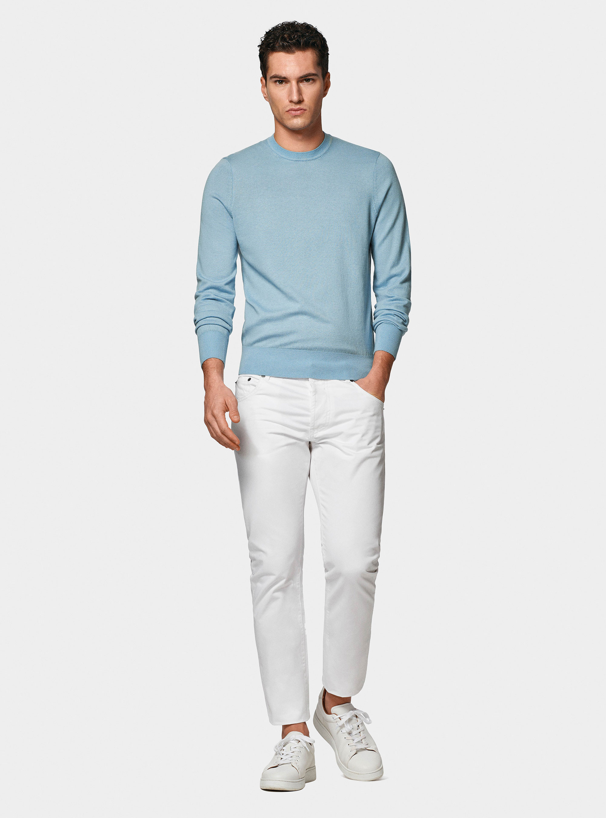 Round-neck sweater in cotton silk and cashmere, LIGHT BLUE