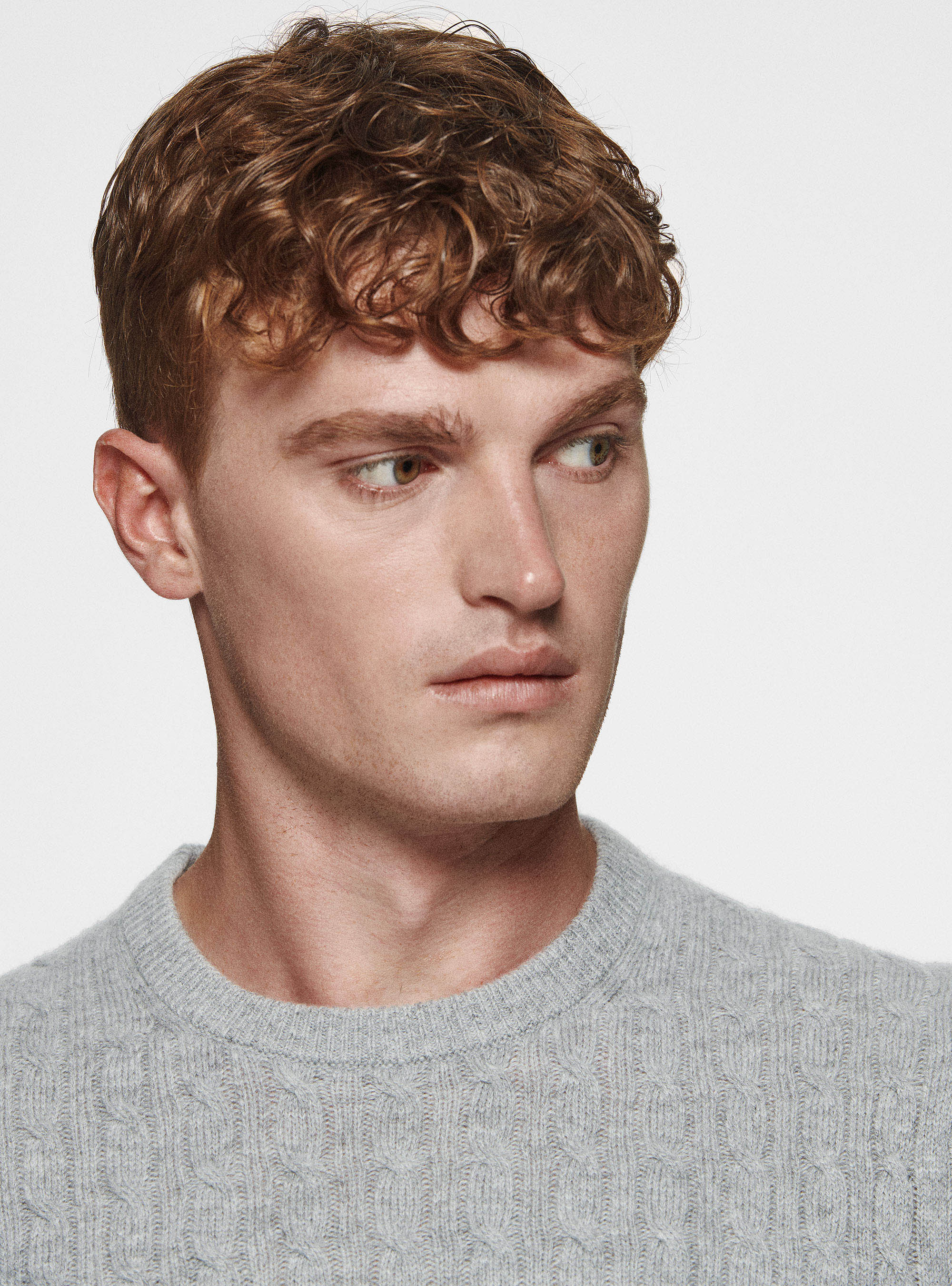 Maglia girocollo in lana cashmere a treccia, GRIGIO MELANGE 0151C