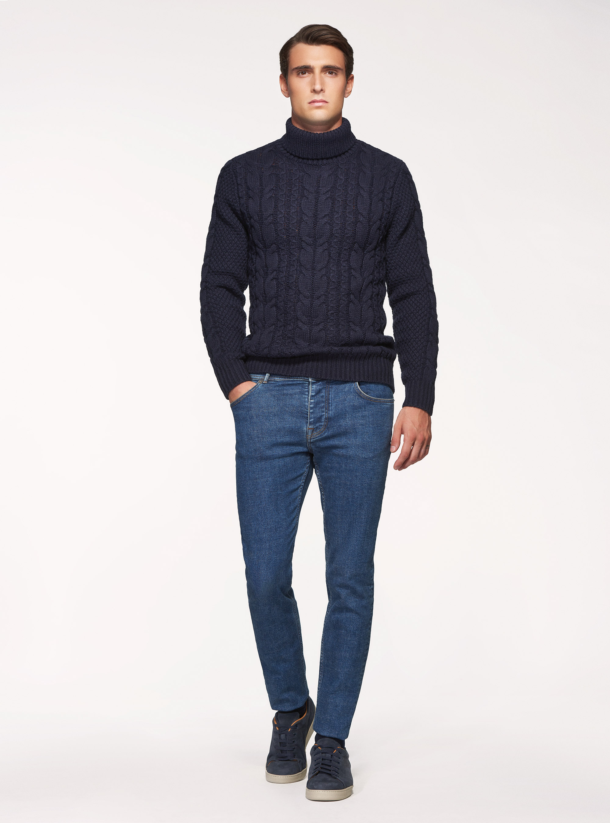 Maglia collo alto in misto lana a treccia, BLU NAVY