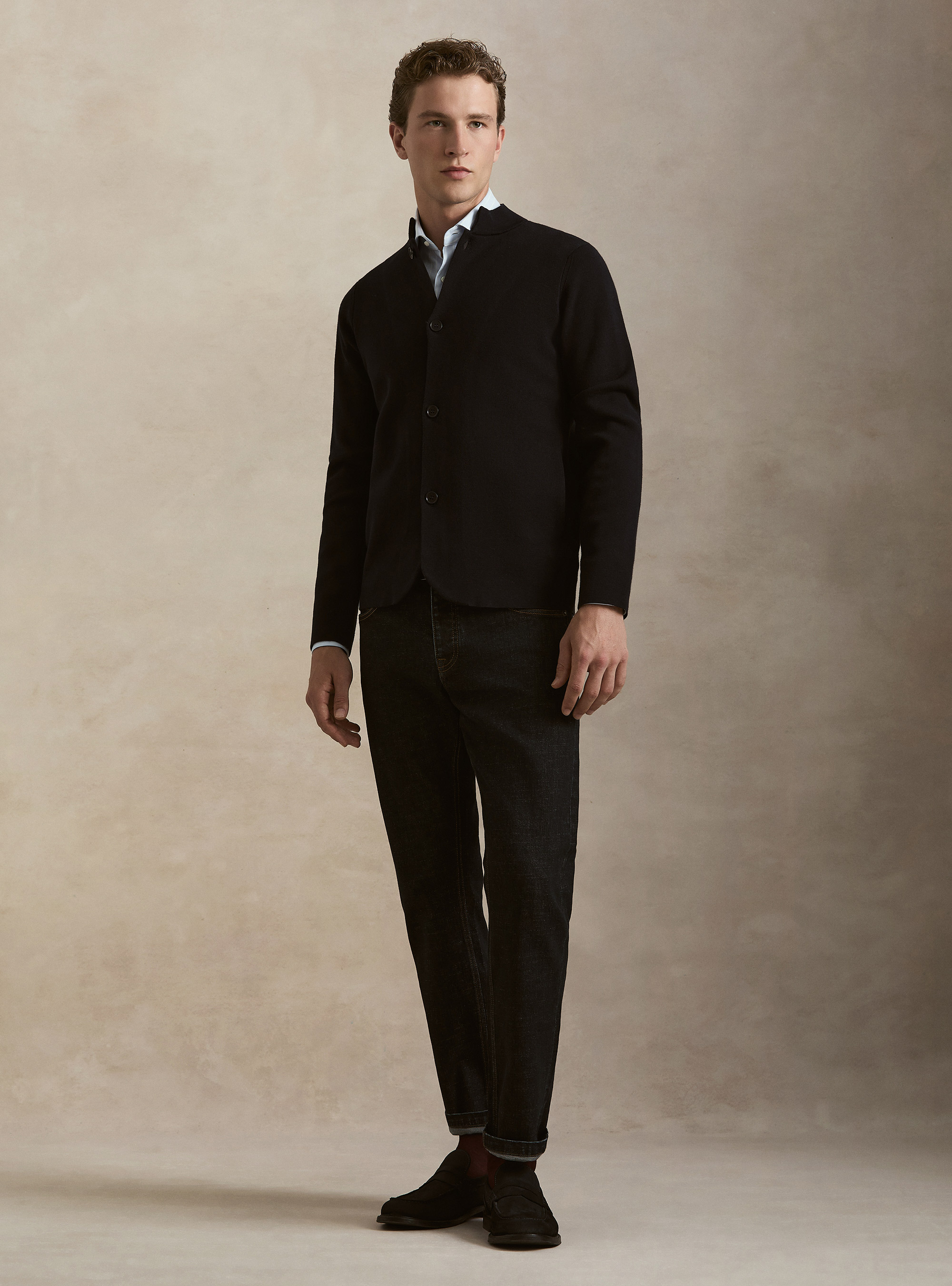 Cardigan coreano in maglia misto cotone, BLU NAVY