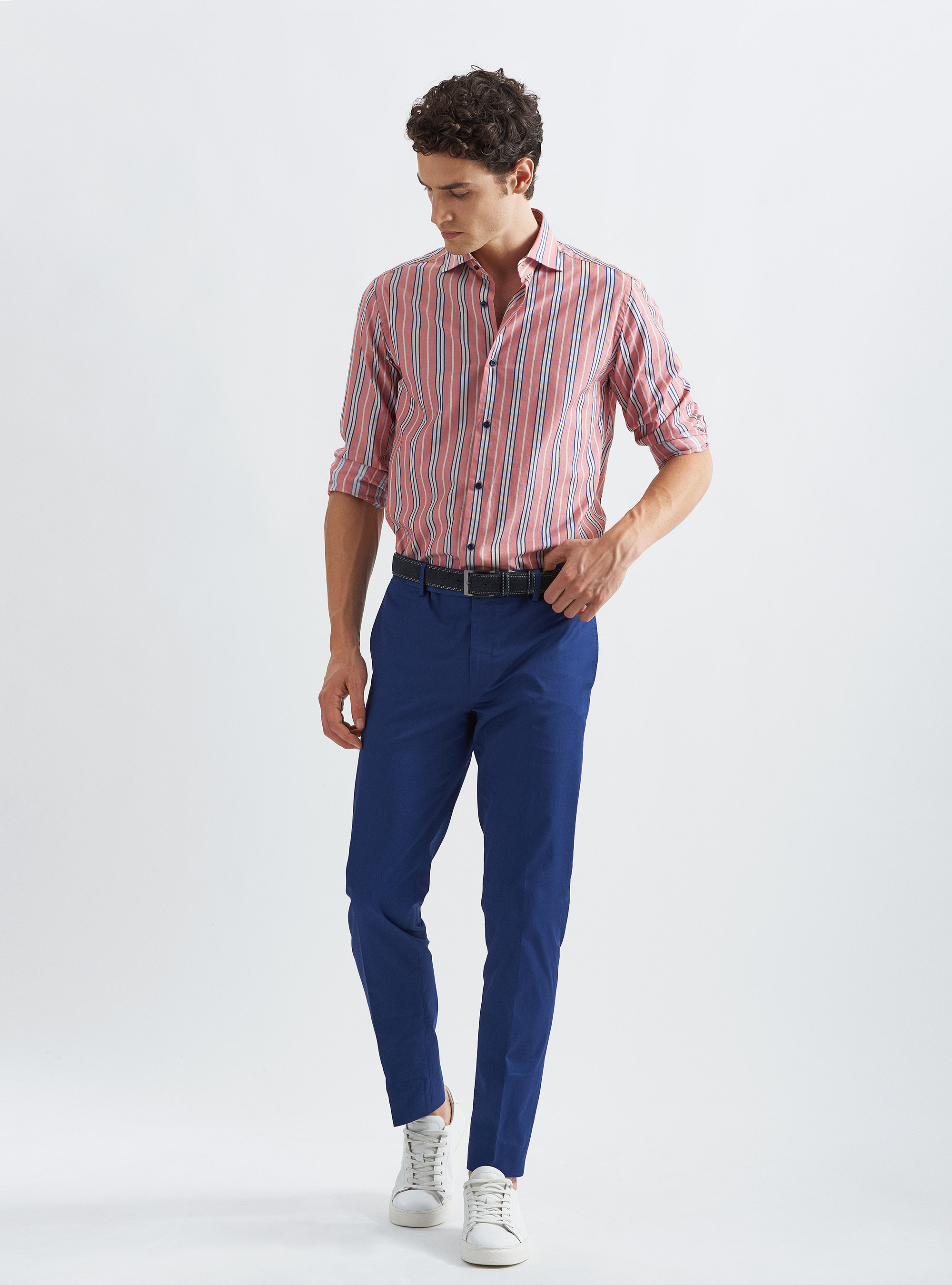 Camicia collo francese in puro cotone a righe, ROSSO