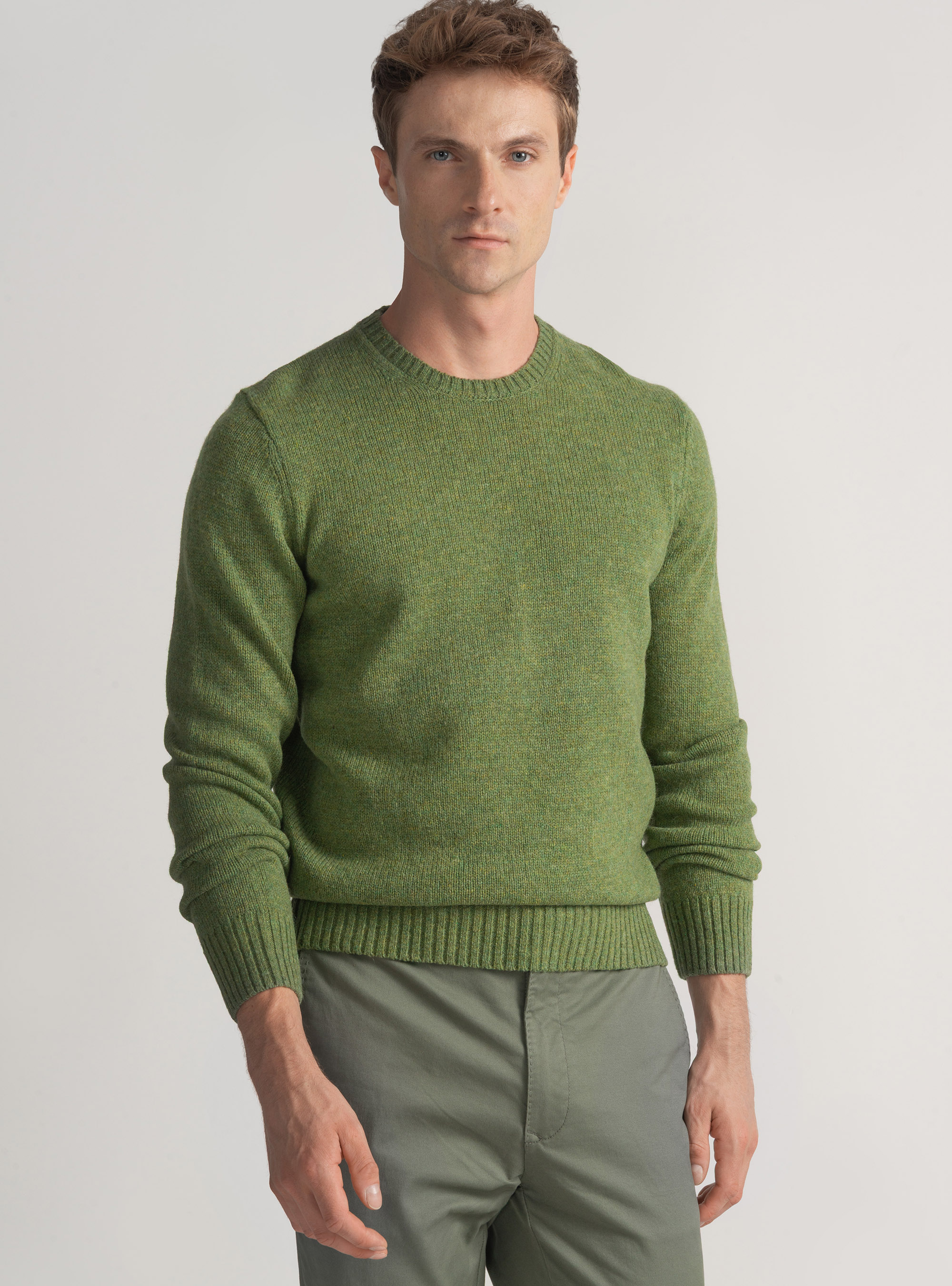 Shetland wool crew-neck sweater, OLIVE