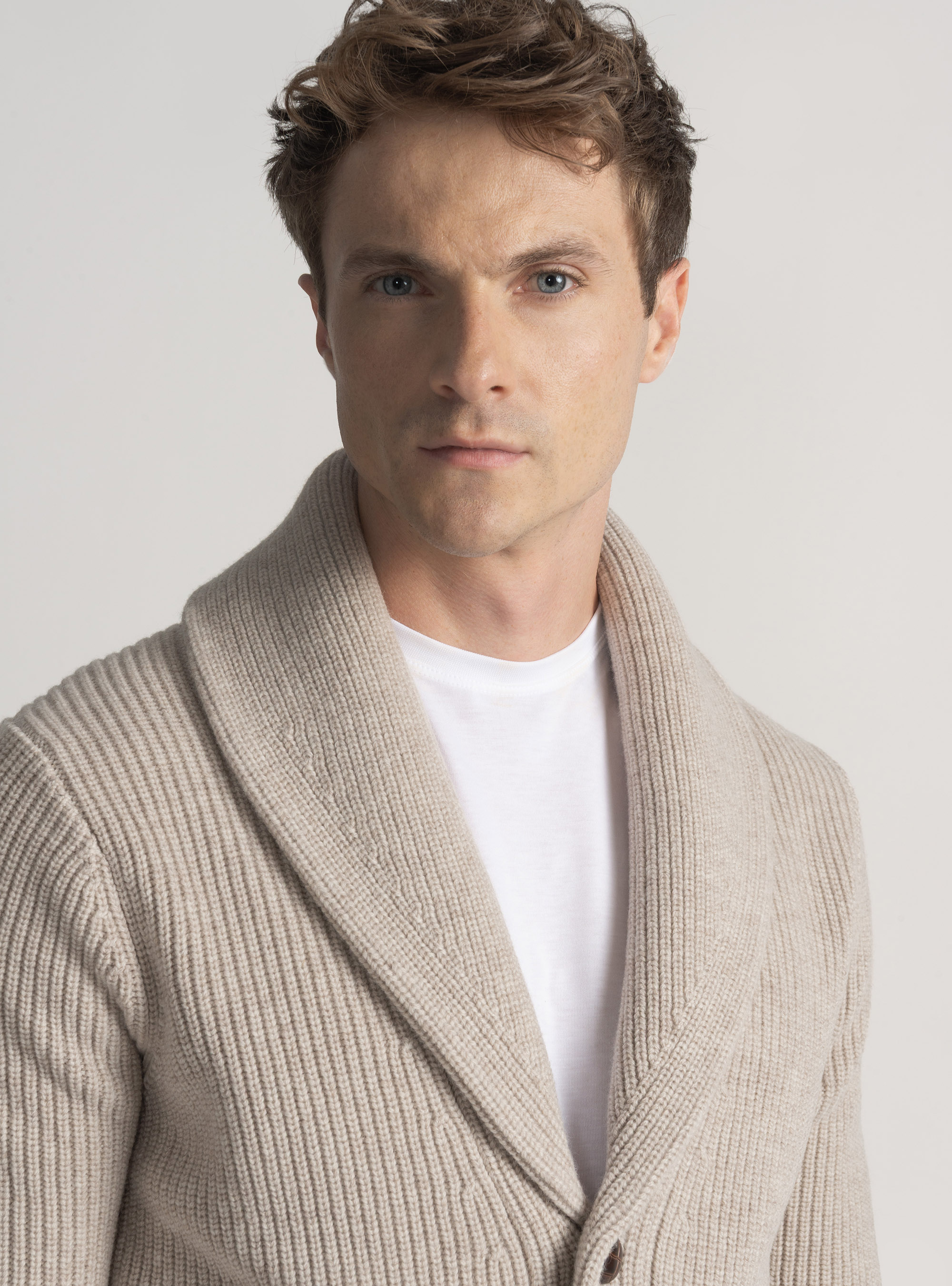 Cardigan in maglia sciallata in lana merino, ECRU