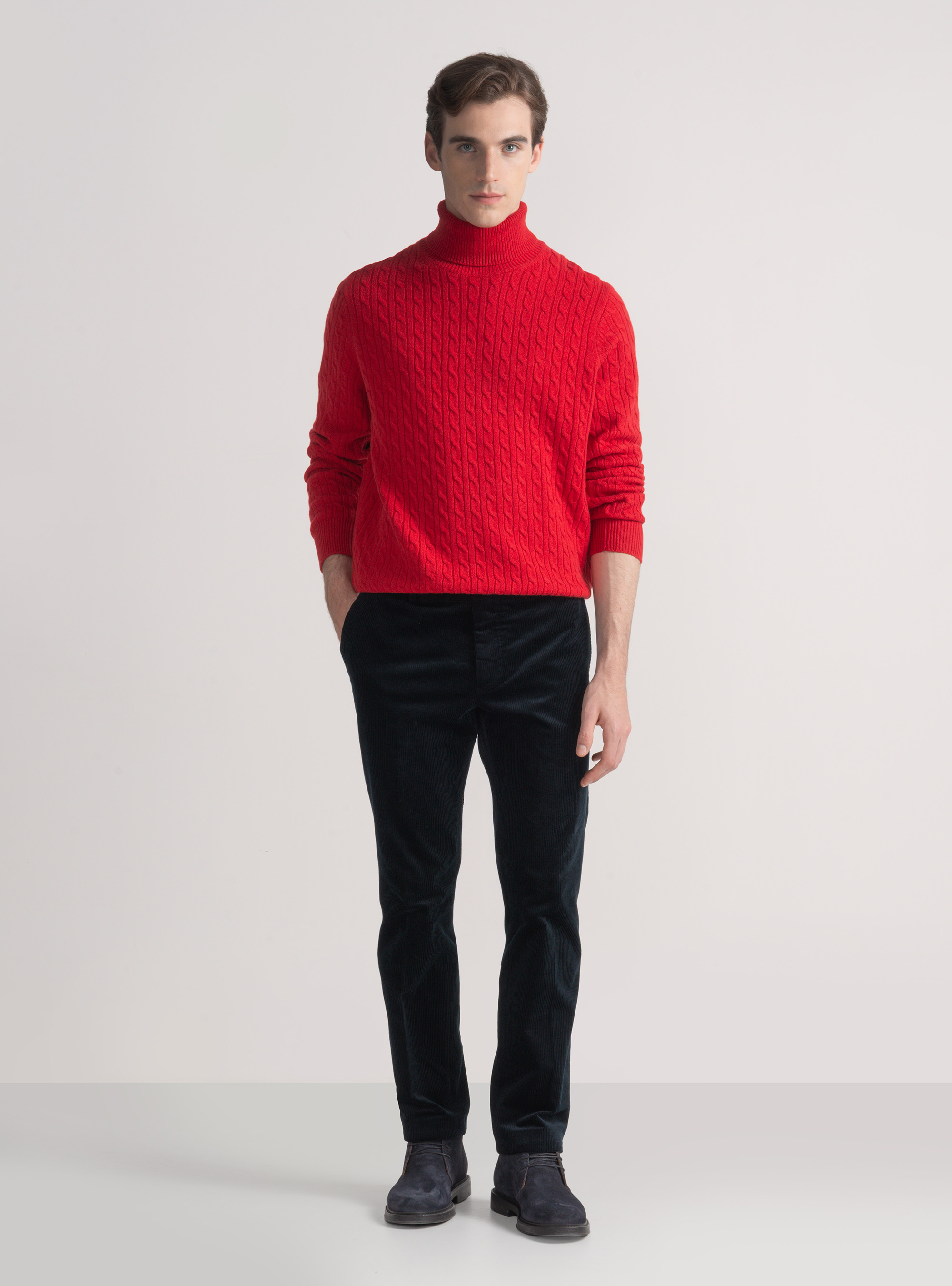 Maglia collo alto con treccia in lana cashmere, ROSSO