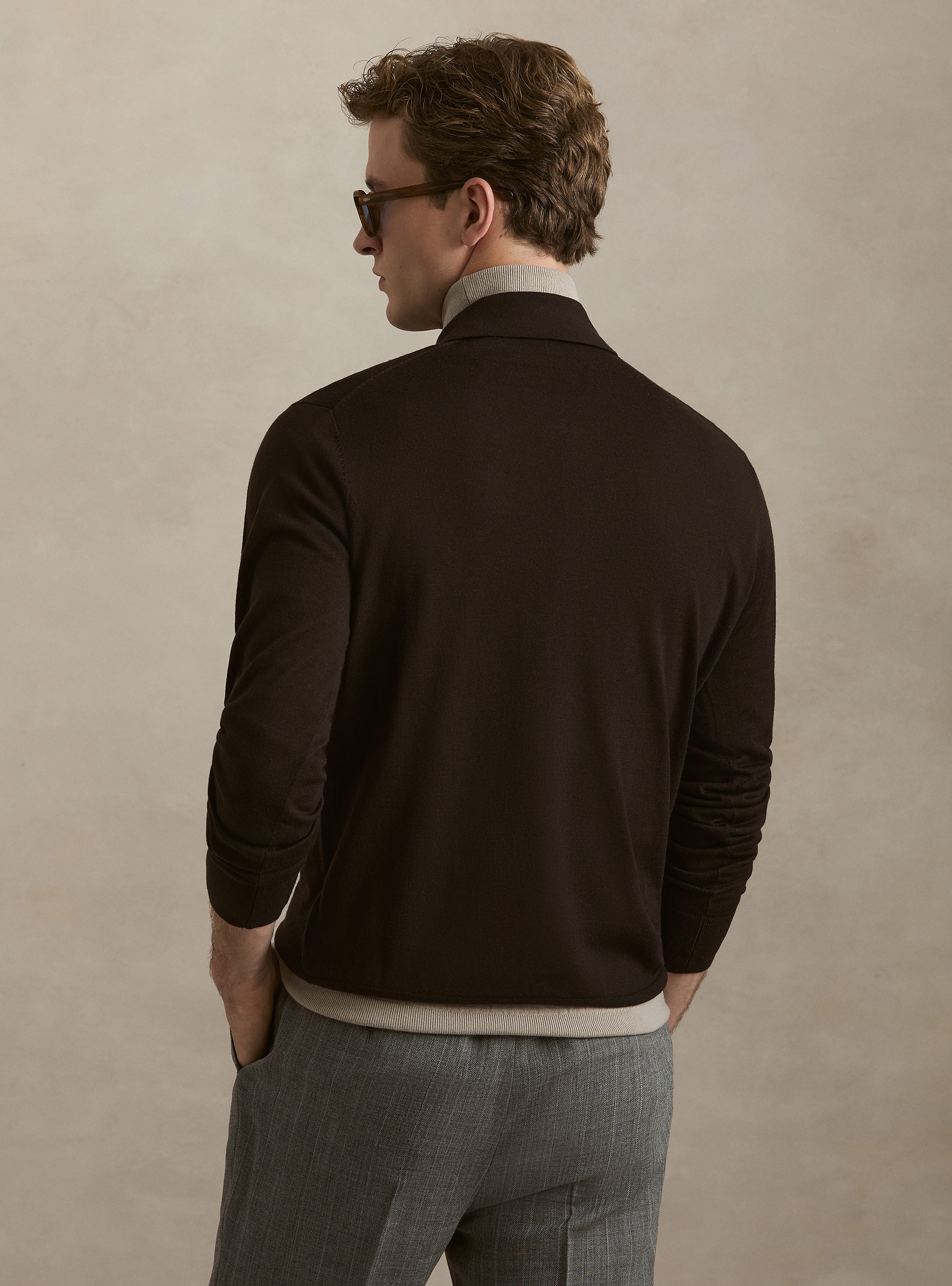 Extrafine merino wool knit polo shirt, BROWN