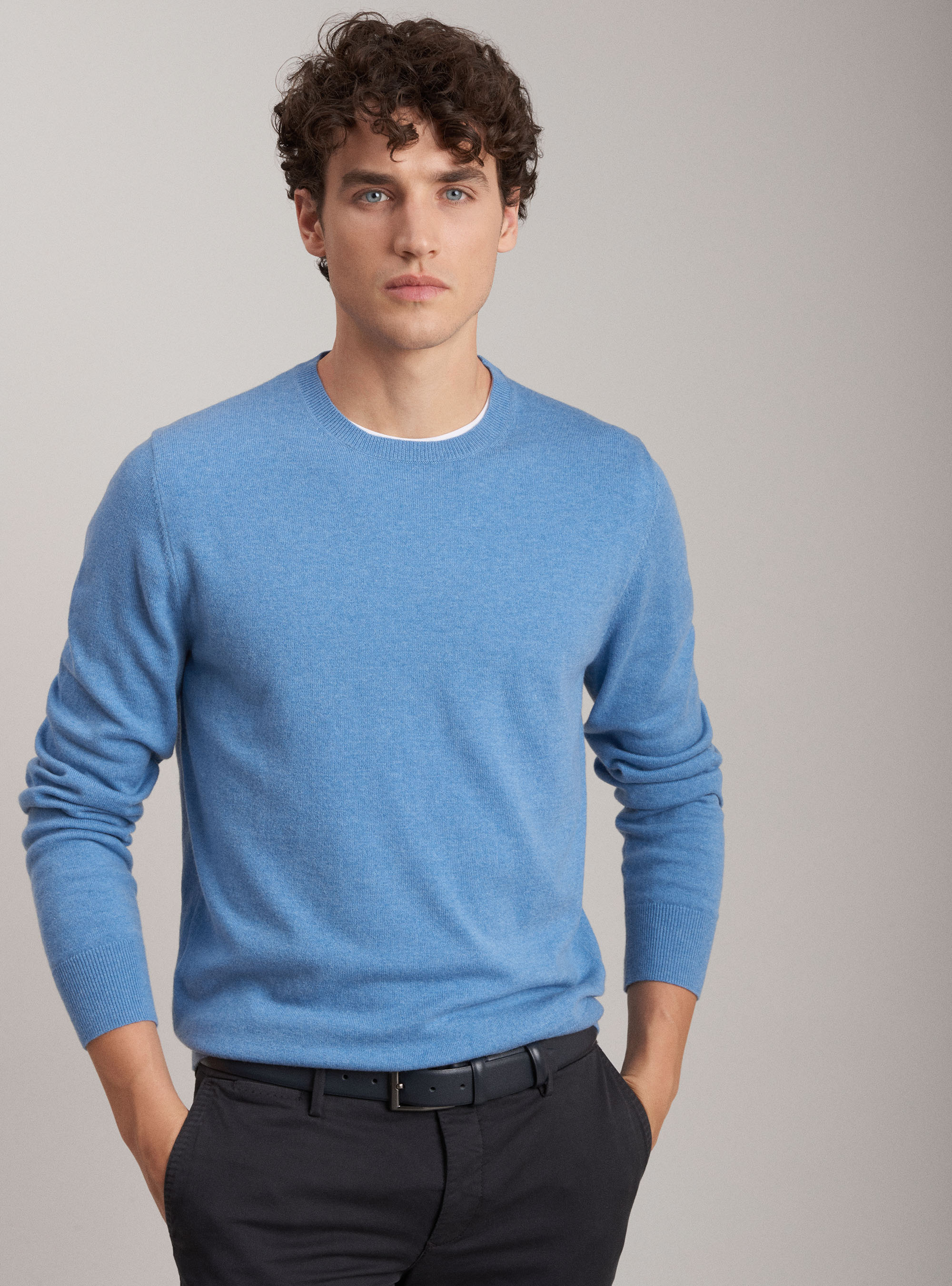 Lambswool wool and cashmere crew neck sweater, LIGHT BLUE