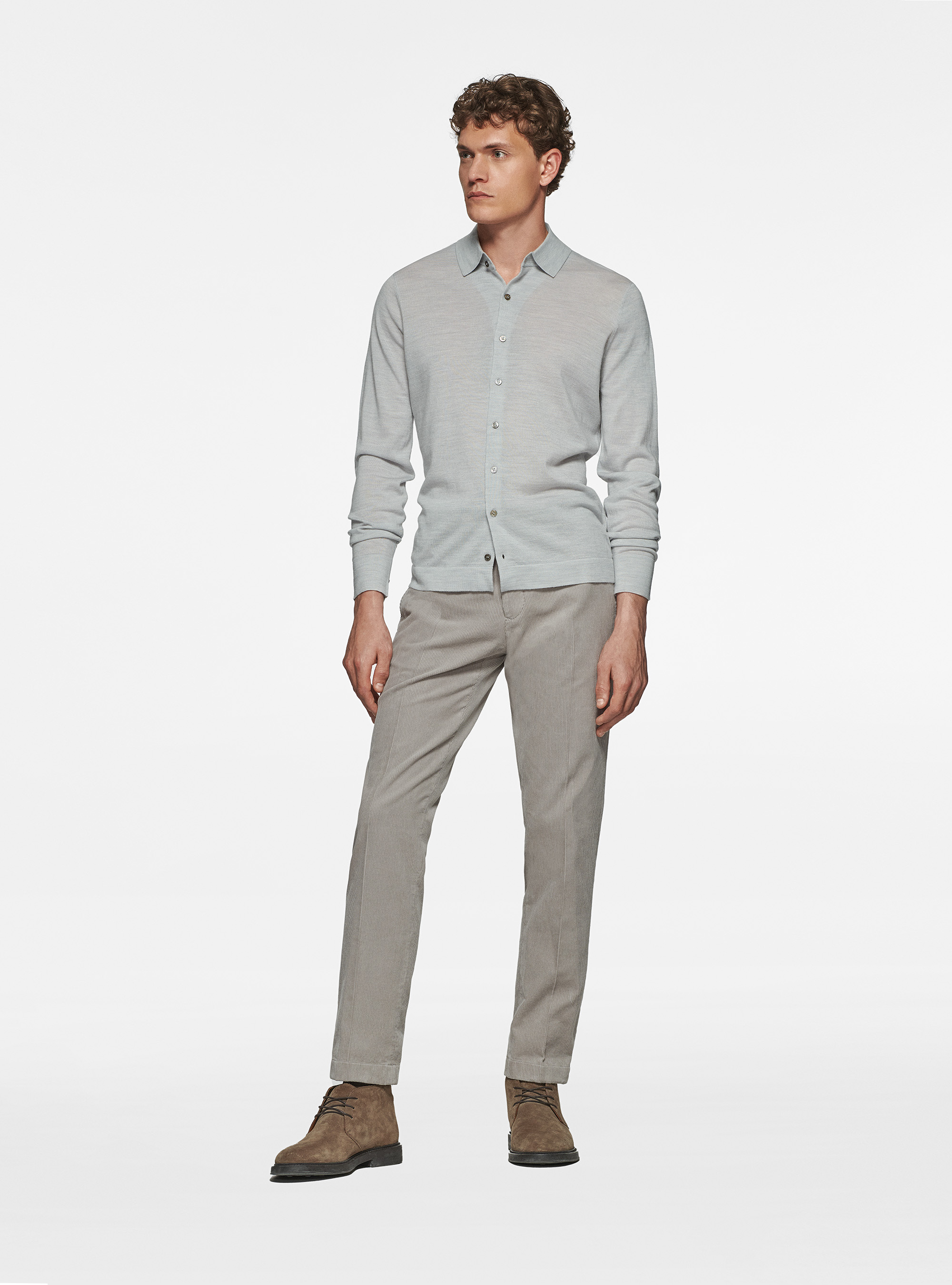 Camicia in maglia in pura lana merino extrafine, GRIGIO CHIARO MELANGE