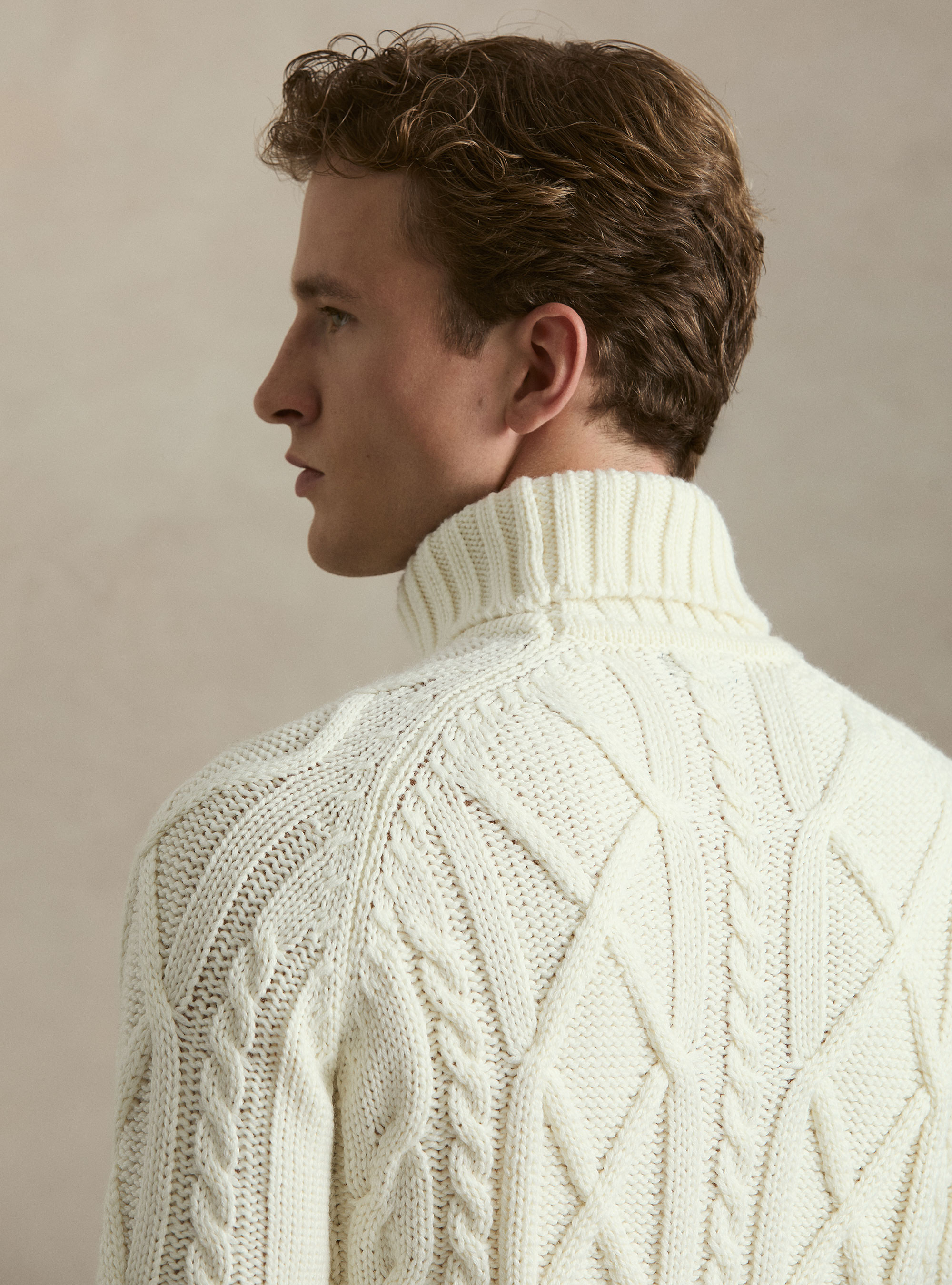 Cable Knit Wool Blend Turtleneck, WHITE