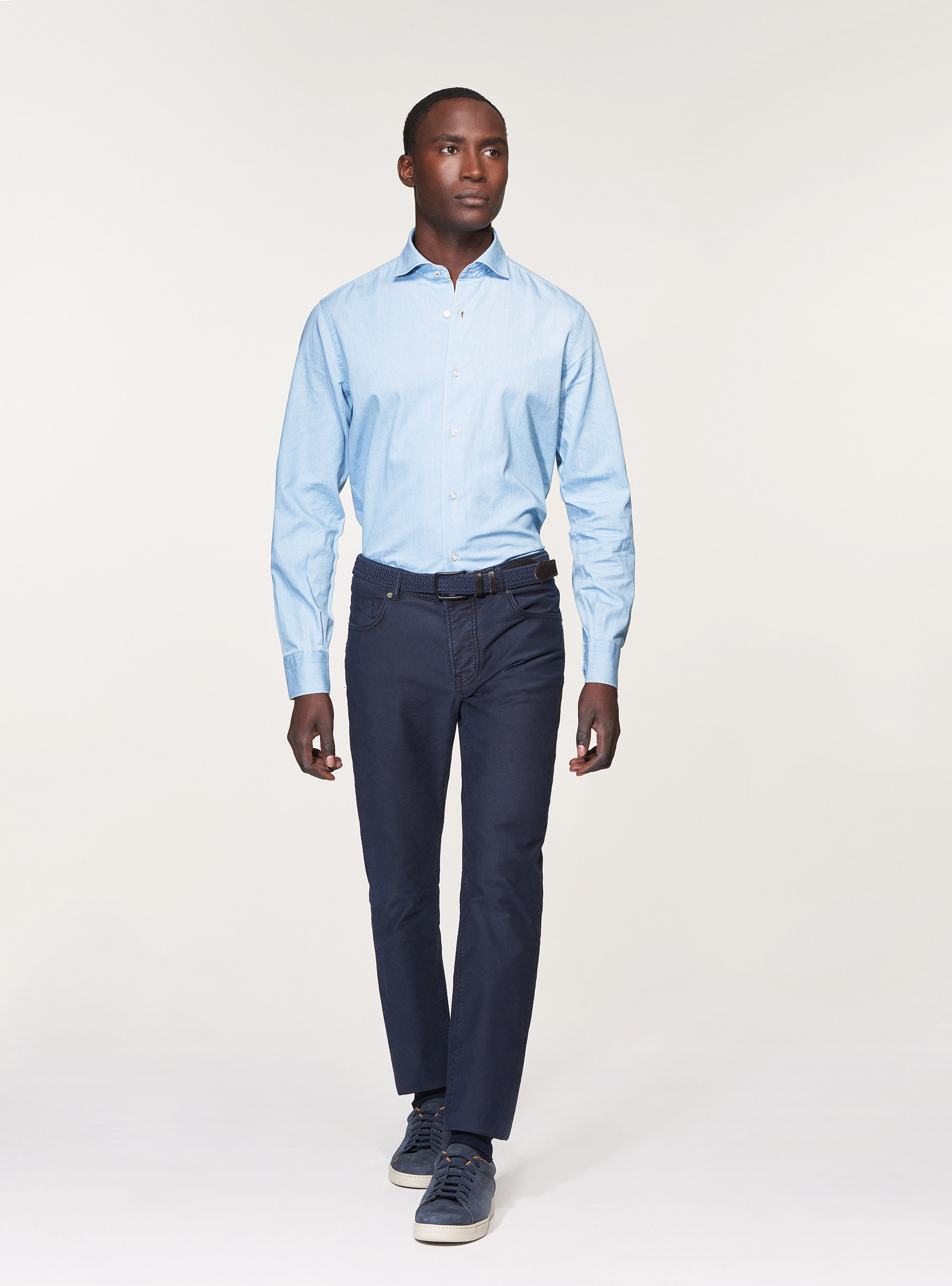 Camicia denim in cotone chambray, AZZURRO