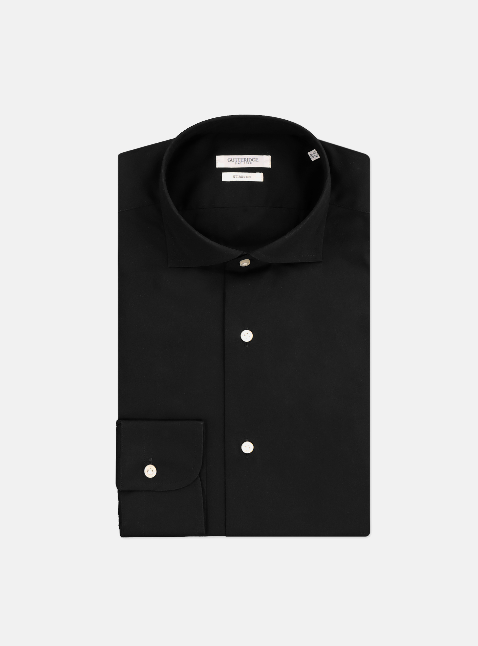 Camicia in cotone popeline stretch con collo francese semiaperto, NERO