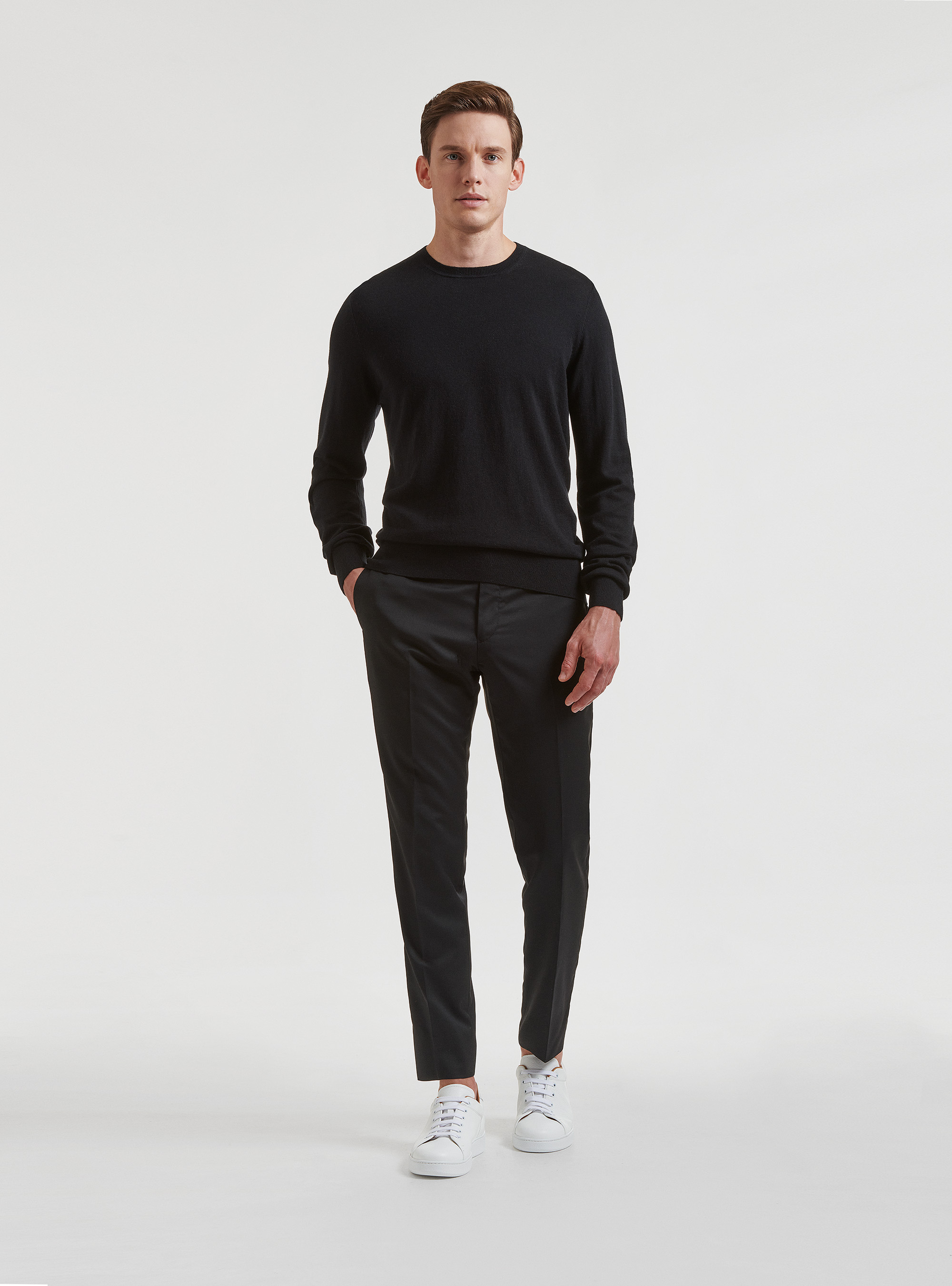 Maglia girocollo in cotone seta e cashmere, NERO