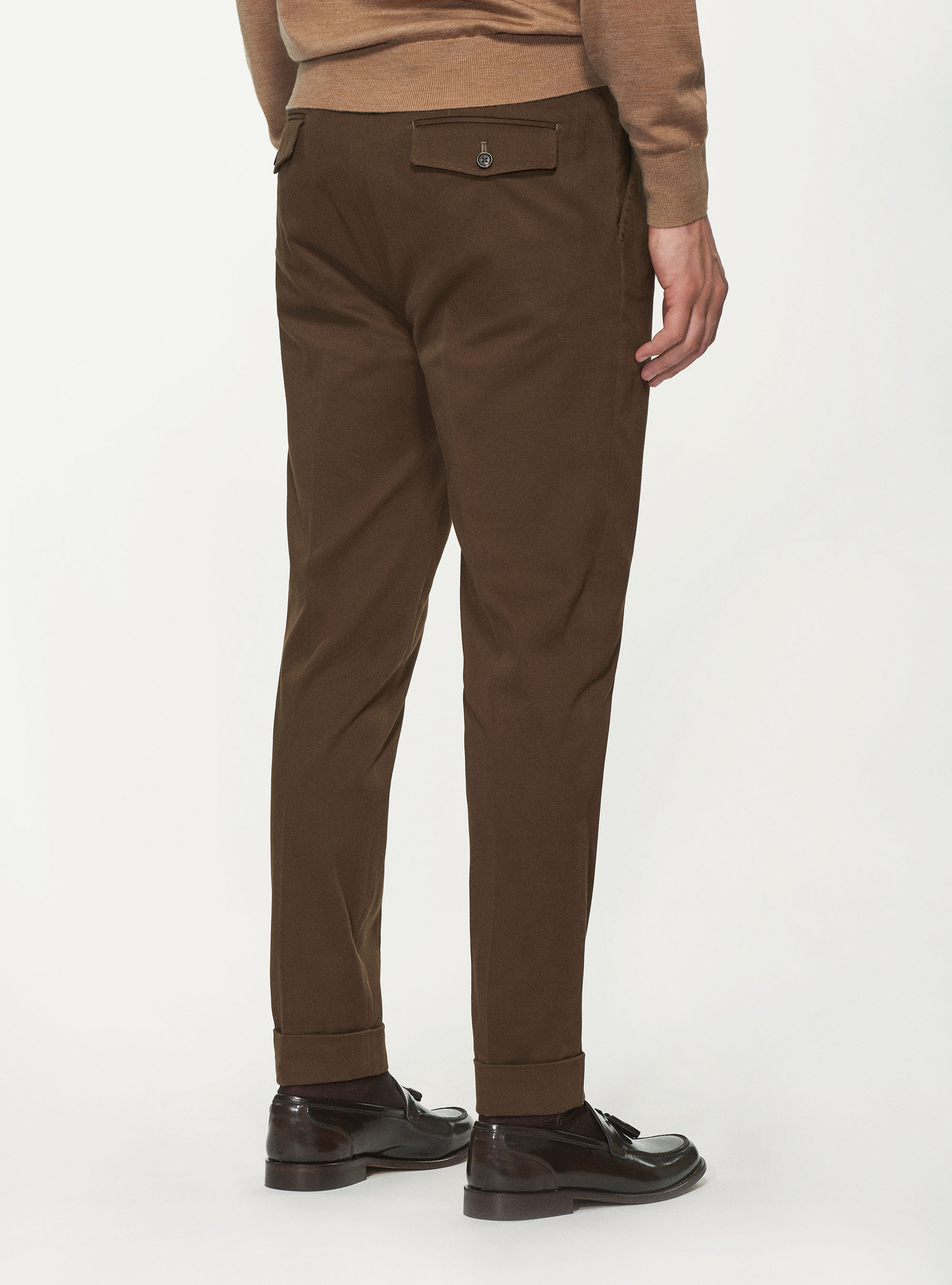 Pantaloni doppia pince in cotone smerigliato, MARRONE