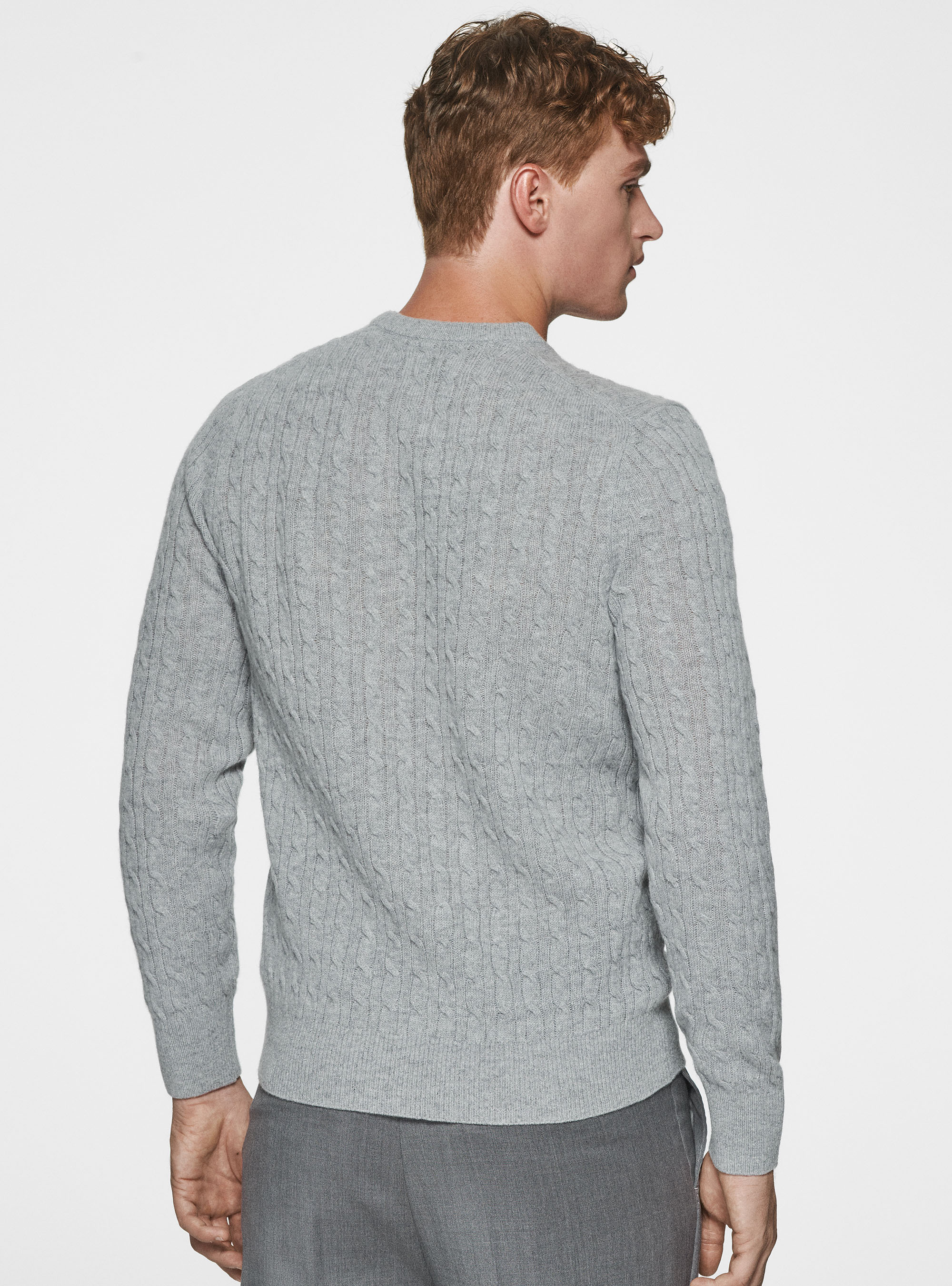 Maglia girocollo in lana cashmere a treccia, GRIGIO MELANGE 0151C