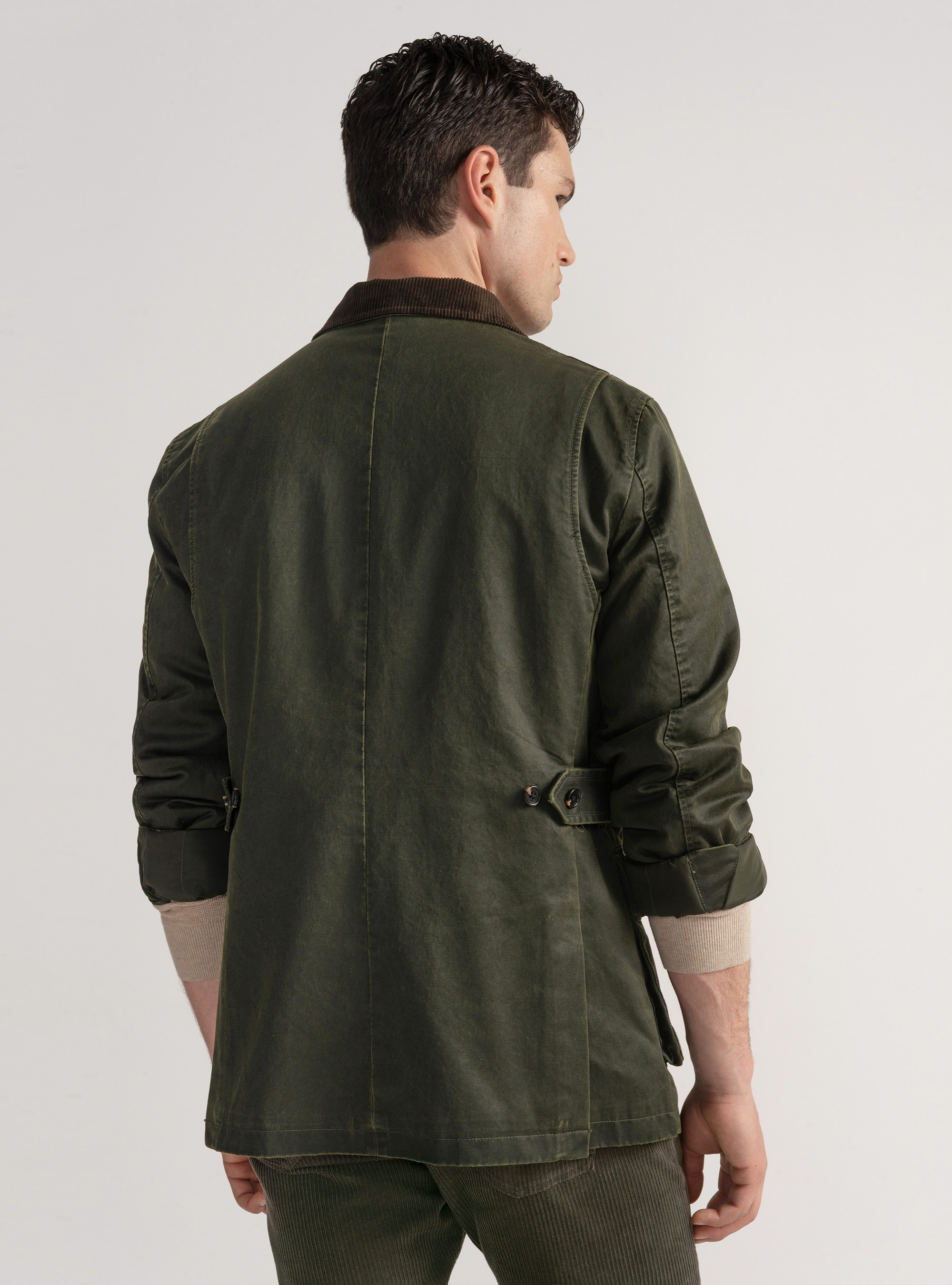 Chaqueta encerada en mezcla de algodón con detalles de terciopelo, VERDE