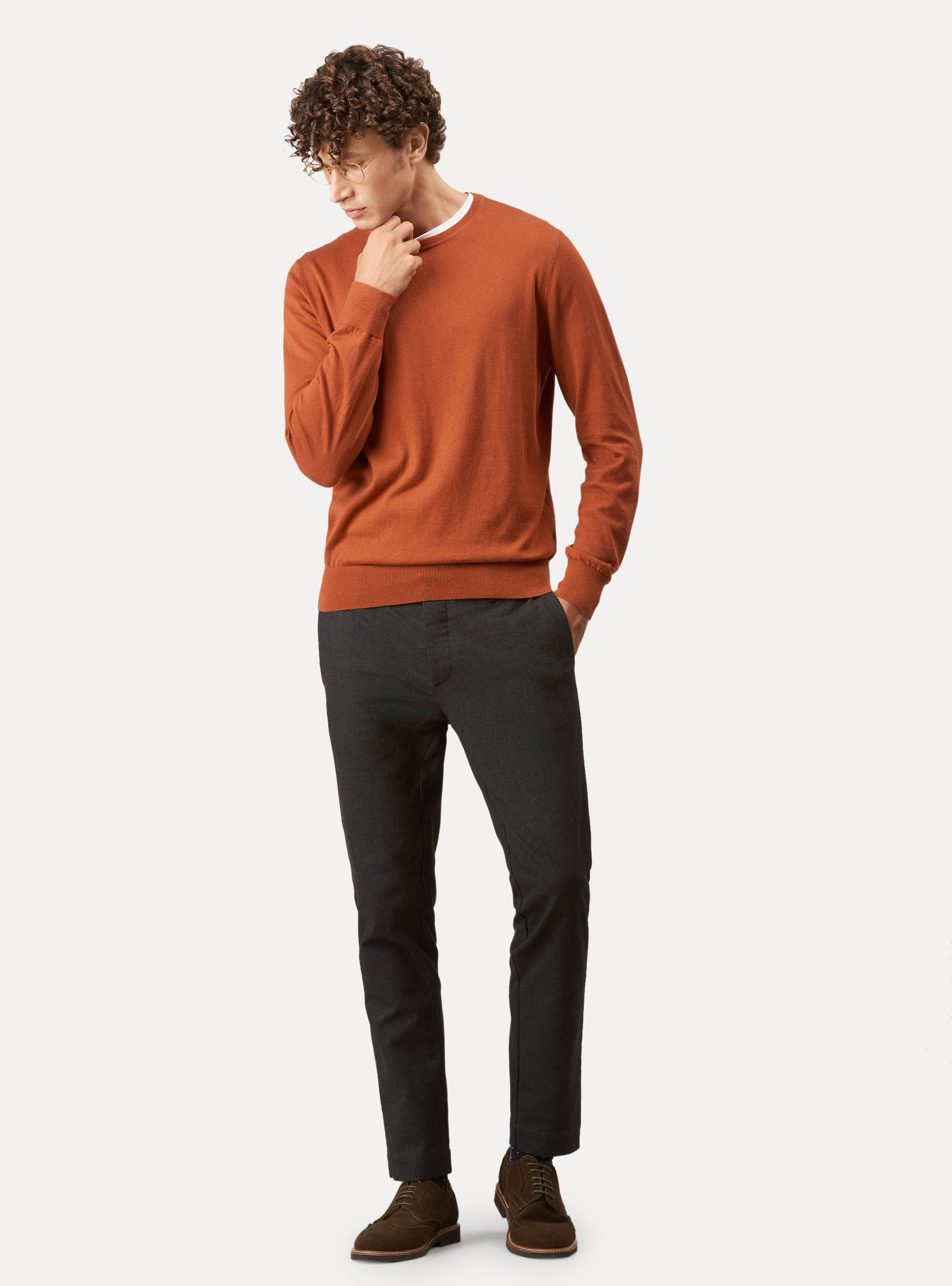 Jersey de punto de algod&oacute;n y cachemira de cuello redondo., ARCILLA
