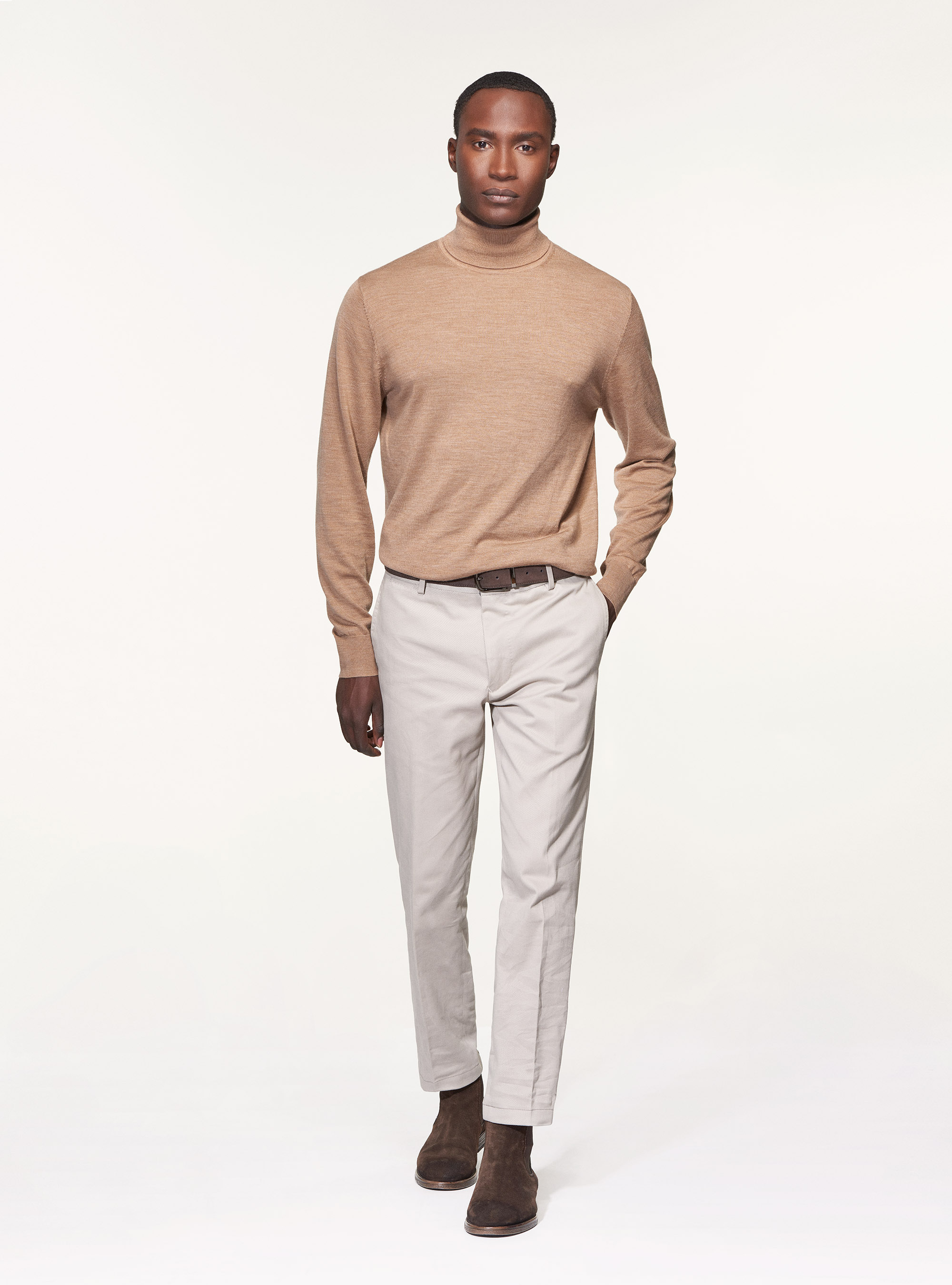 Pantaloni slack in twill di cotone smerigliato, ECRU