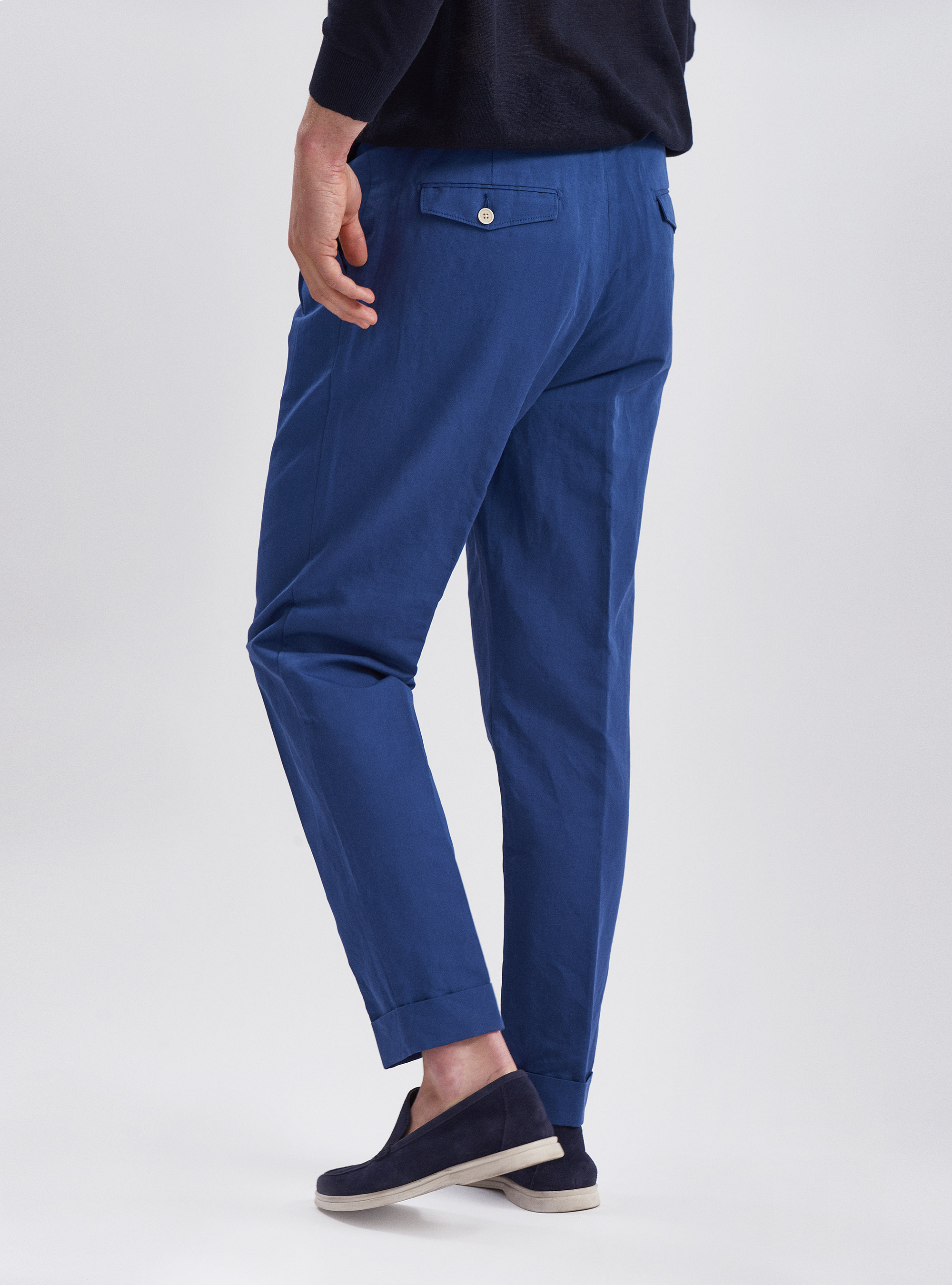Pantaloni doppia pince in lino e cotone, BLU