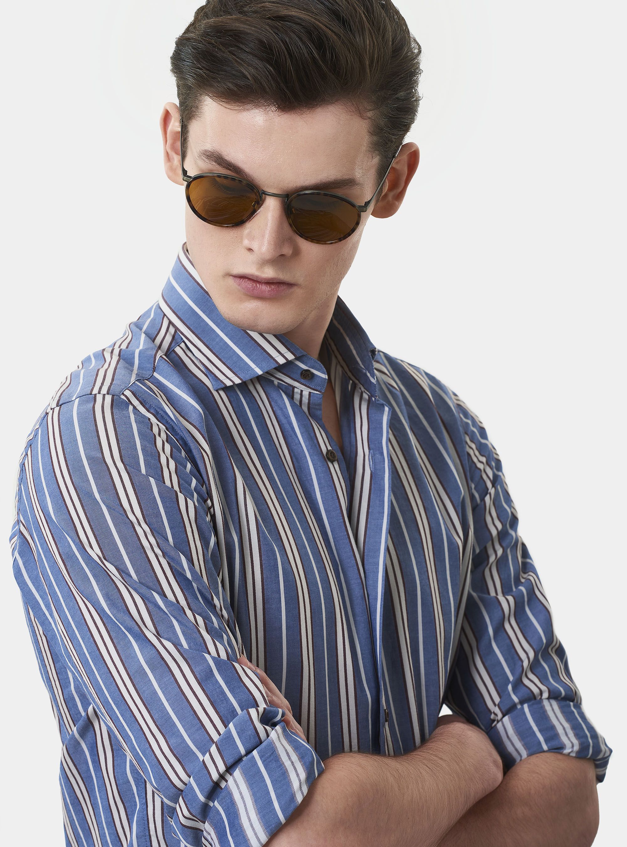 Camicia collo francese in puro cotone a righe, BLU