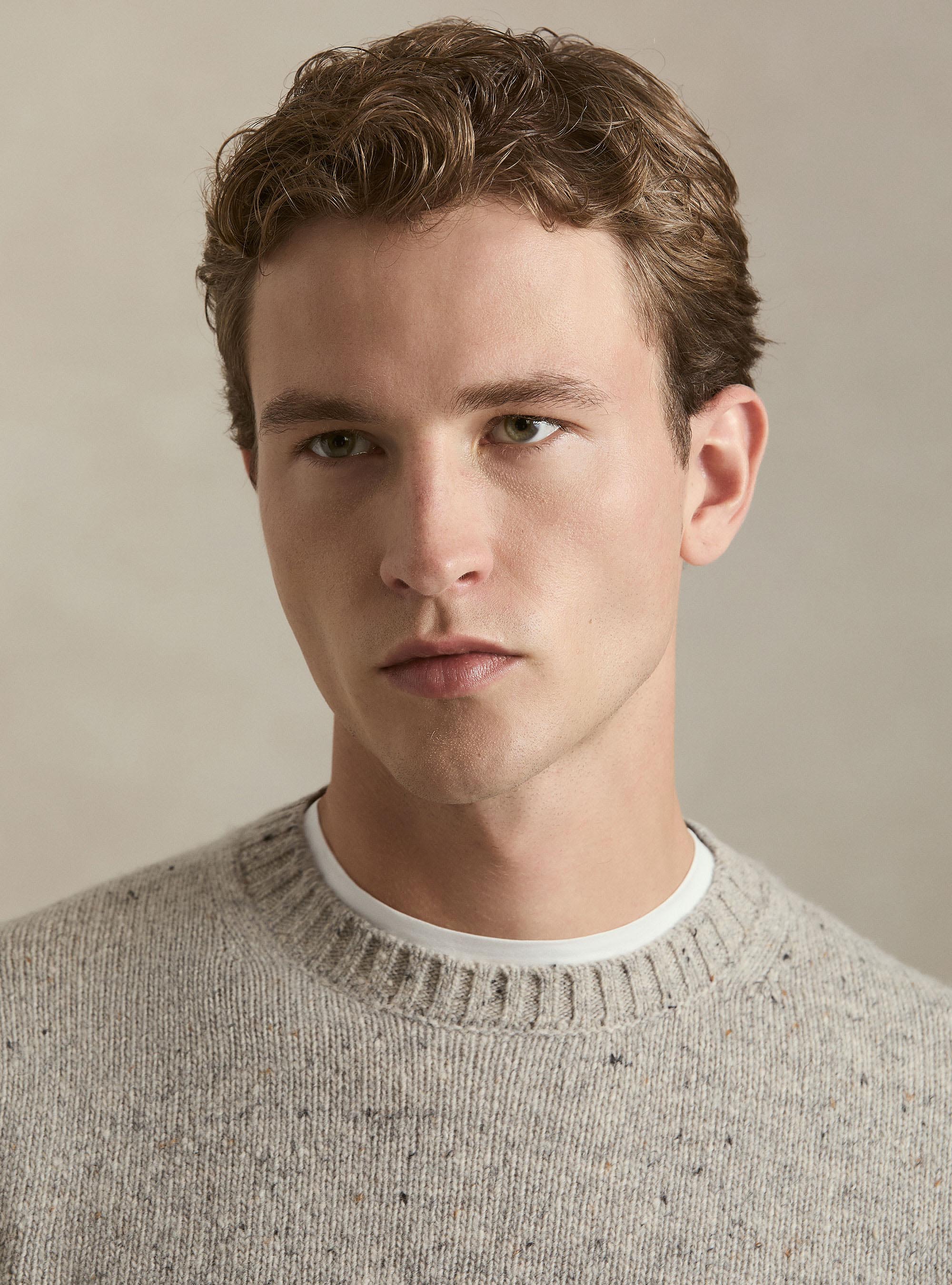 Donegal-style merino wool blend crewneck sweater, LIGHT GREY MELANGE